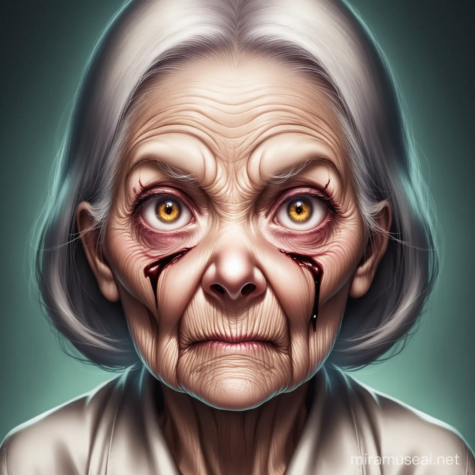 Elderly Woman Gazing Intently with a Haunting Expression