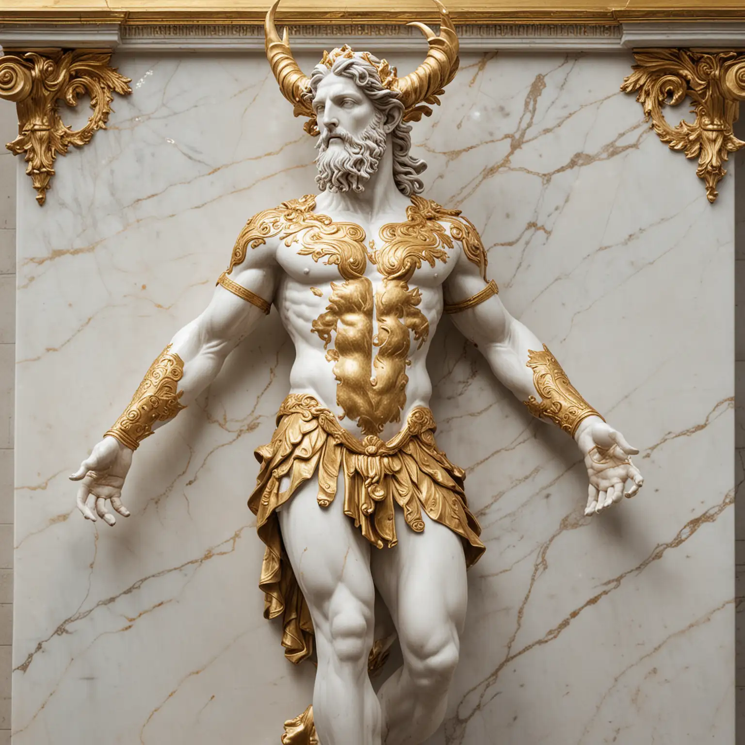 a marble statue cernunnos, with gold leaf patterns running across it, like a greek statue