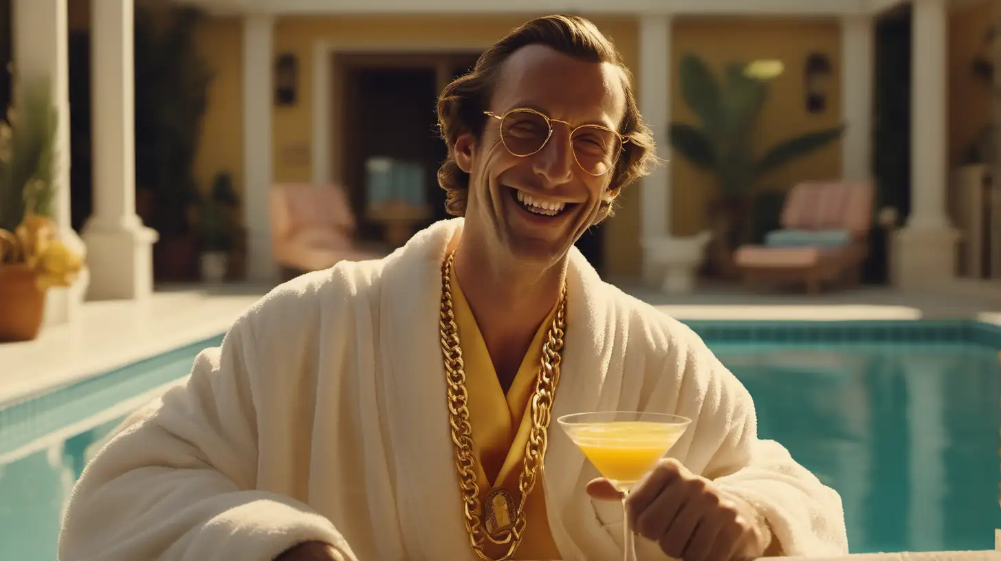 cinematic, photoreal image of an extremely happy man looking at camera in a bathrobe wearing a gold necklace sitting poolside with a martini in his hand in the style of a wes anderson film