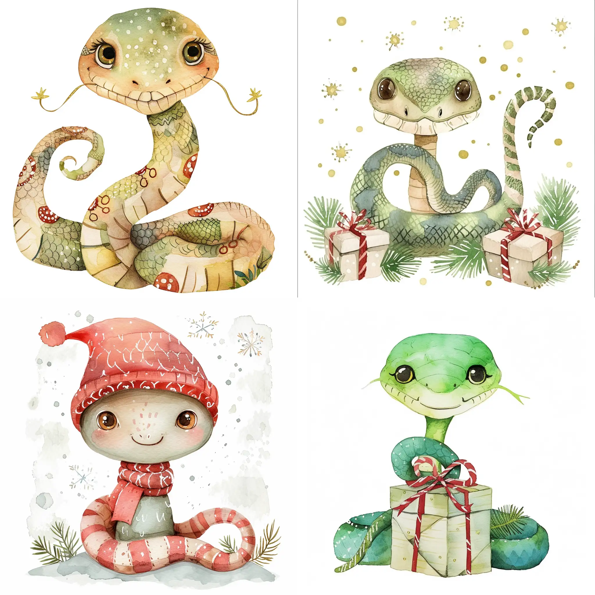 акварельная иллюстрация стилизованный персонаж на белом фоне, милая маленькая змея, новый год и рождество