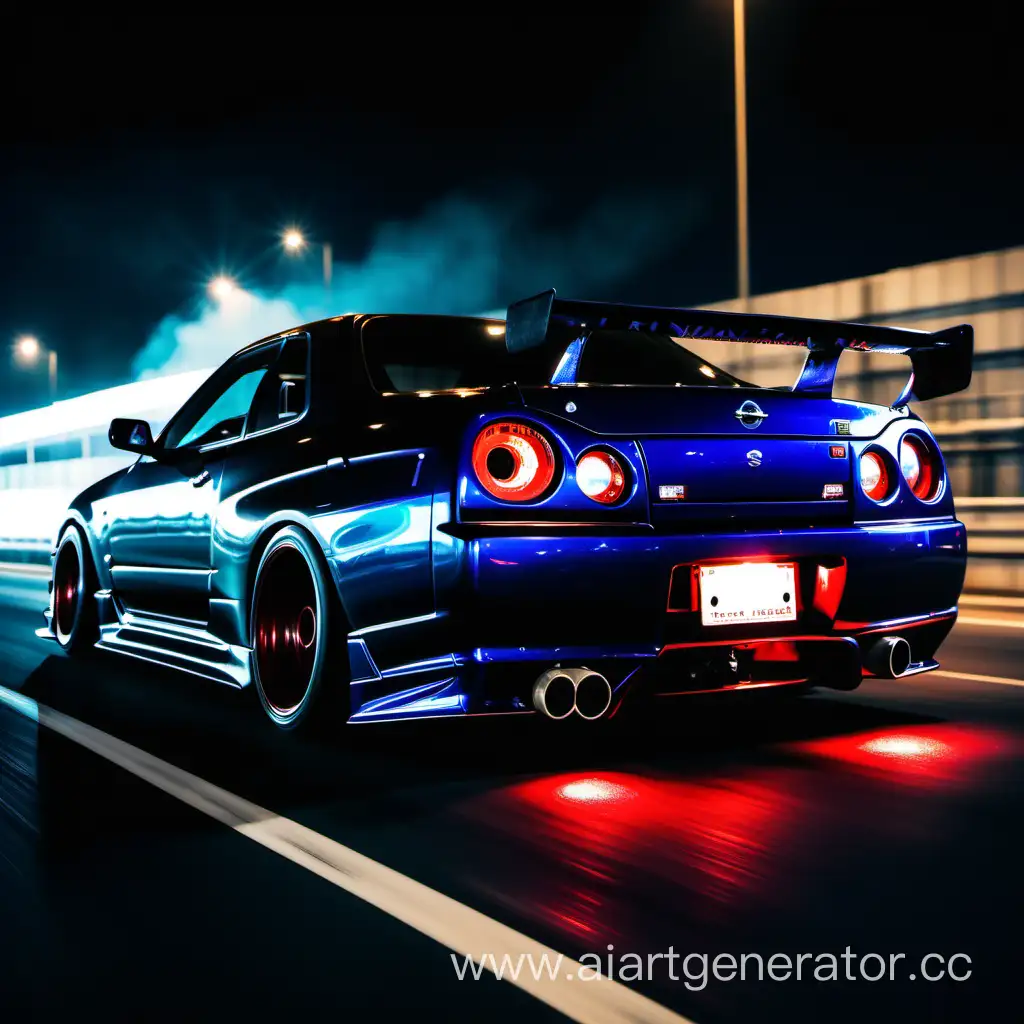 Beautiful black brutal nissan skyline r34 for street racing decorated with graphite rides at high speed on the highway at night, illuminate the street with red blue tones, cinematic angle, less light and more darkness, red light comes out from under the car, MORE SPEED AND PATHOS


