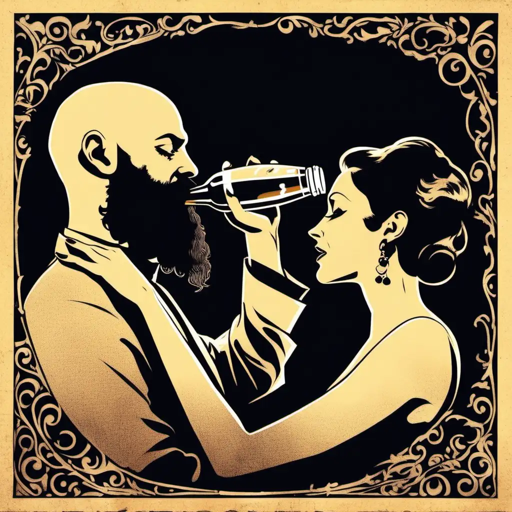 Silhouette of a woman pouring liquor in to the mouth of a bald and bearded man, album cover