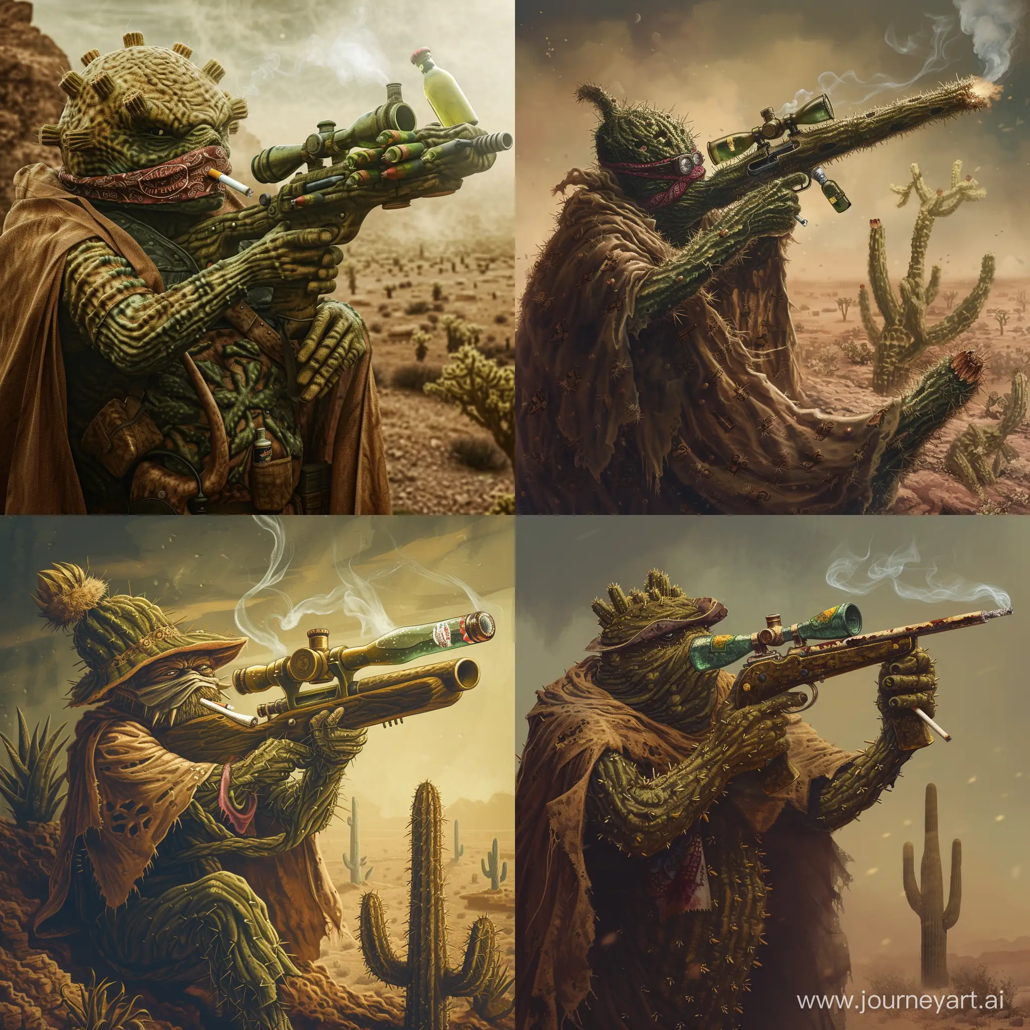 a dune humanoid cactus man wielding a cactus sniper with bottles on its scope, smokes a cigarette, wears a bandana, wears a poncho, menacing,  in a middle of a desert ,1970's dark fantasy style, gritty, dark, vintage, detailed
