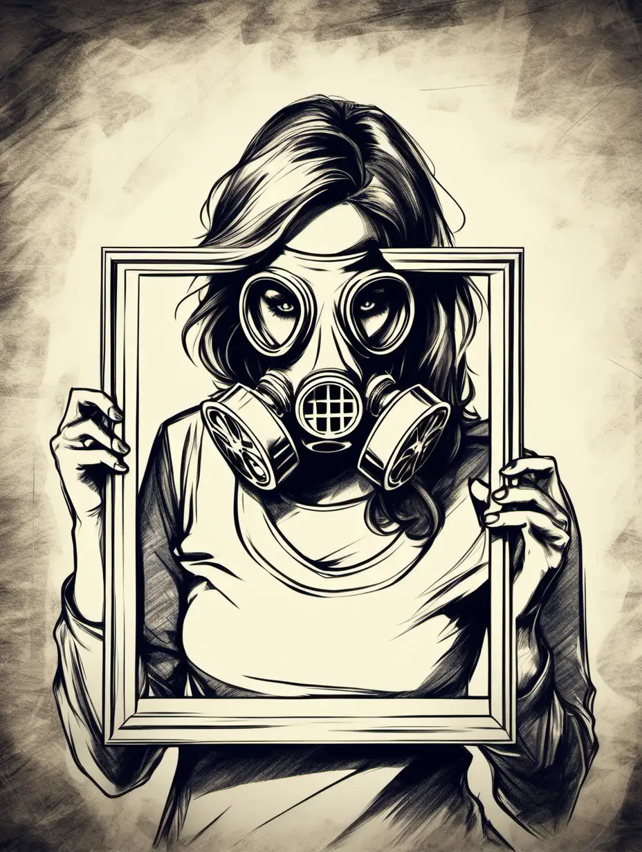 Women Wearing Gas Mask Holding Picture in Frame Sketch
