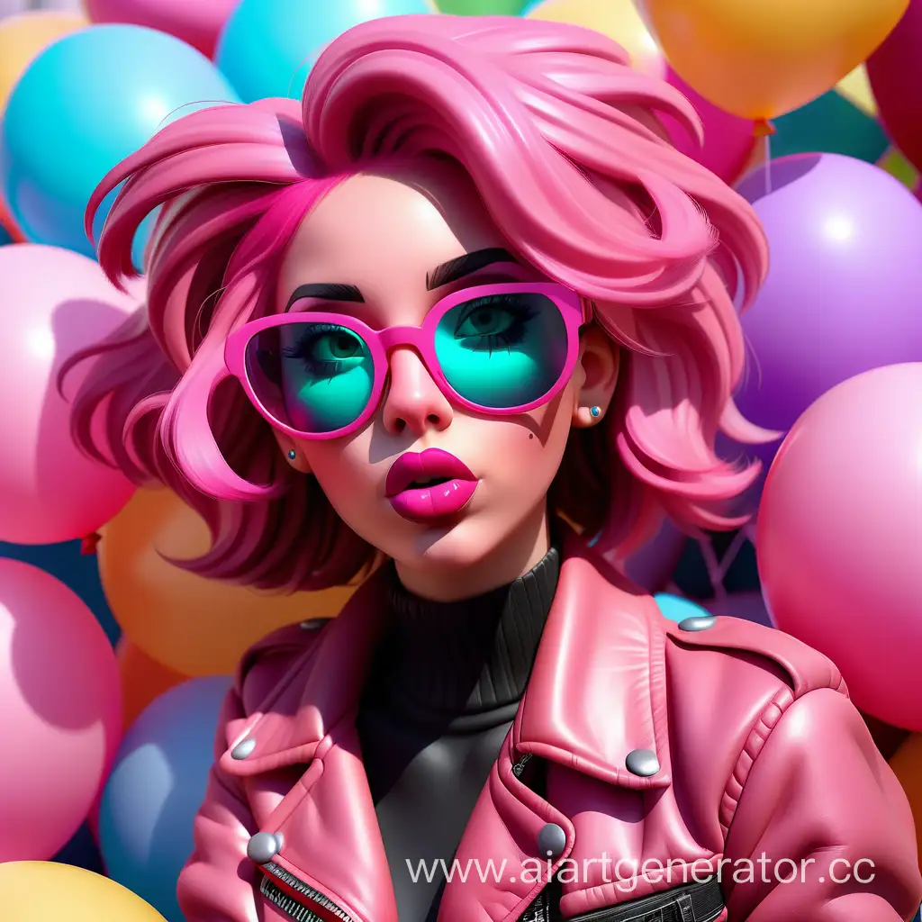 девушка с ярко  розовыми волосами в розовых очках  с помадой на губах
 в розовой кожаной куртке
 в разноцветных шарах 



