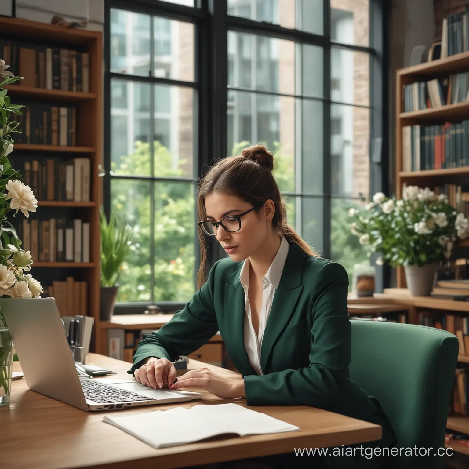 красивая и деловая девушка юрист печатает на ноутбуке. Девушка сидит в офисе. На заднем плане большое красивое окно и полки с книгами и цветами. Должны использоваться цвета: темно-зеленый, коричневый, серый и черный