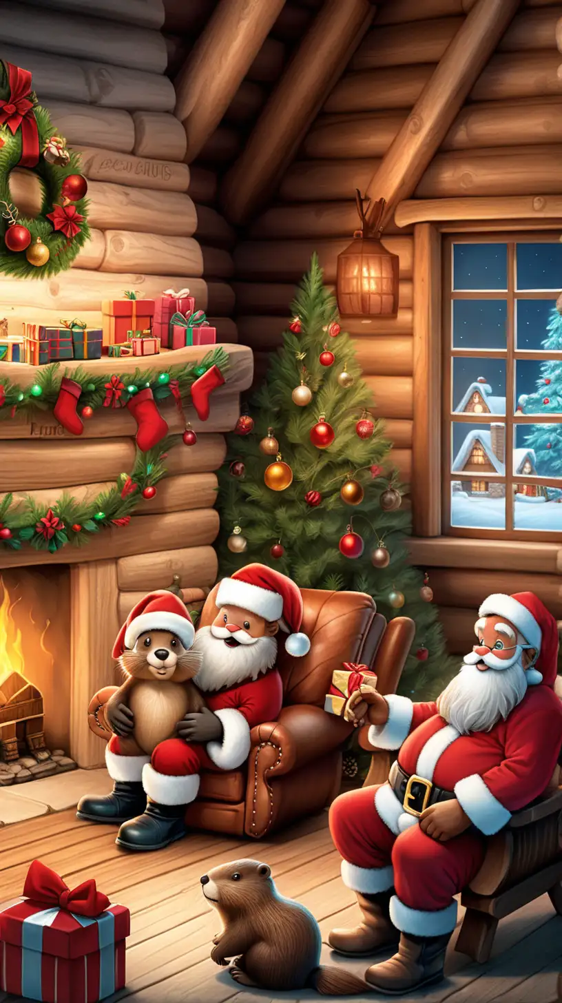 A beaver and Santa Claus having a cozy time in a cozy cabin beside a fireplace and a Christmas tree with presents around it. 