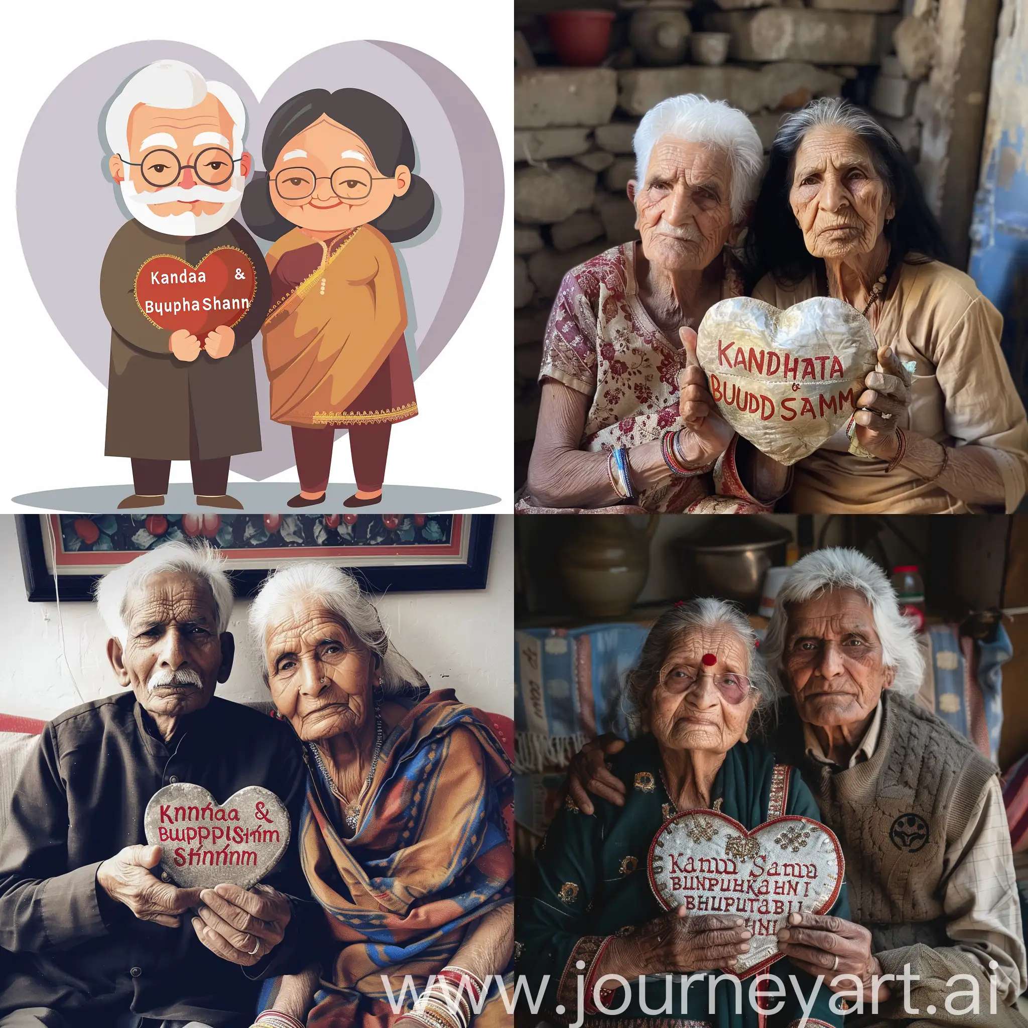 An elderly couple is holding a heart with the words Kanta Sharma and Bhupchand Sharma written on it.