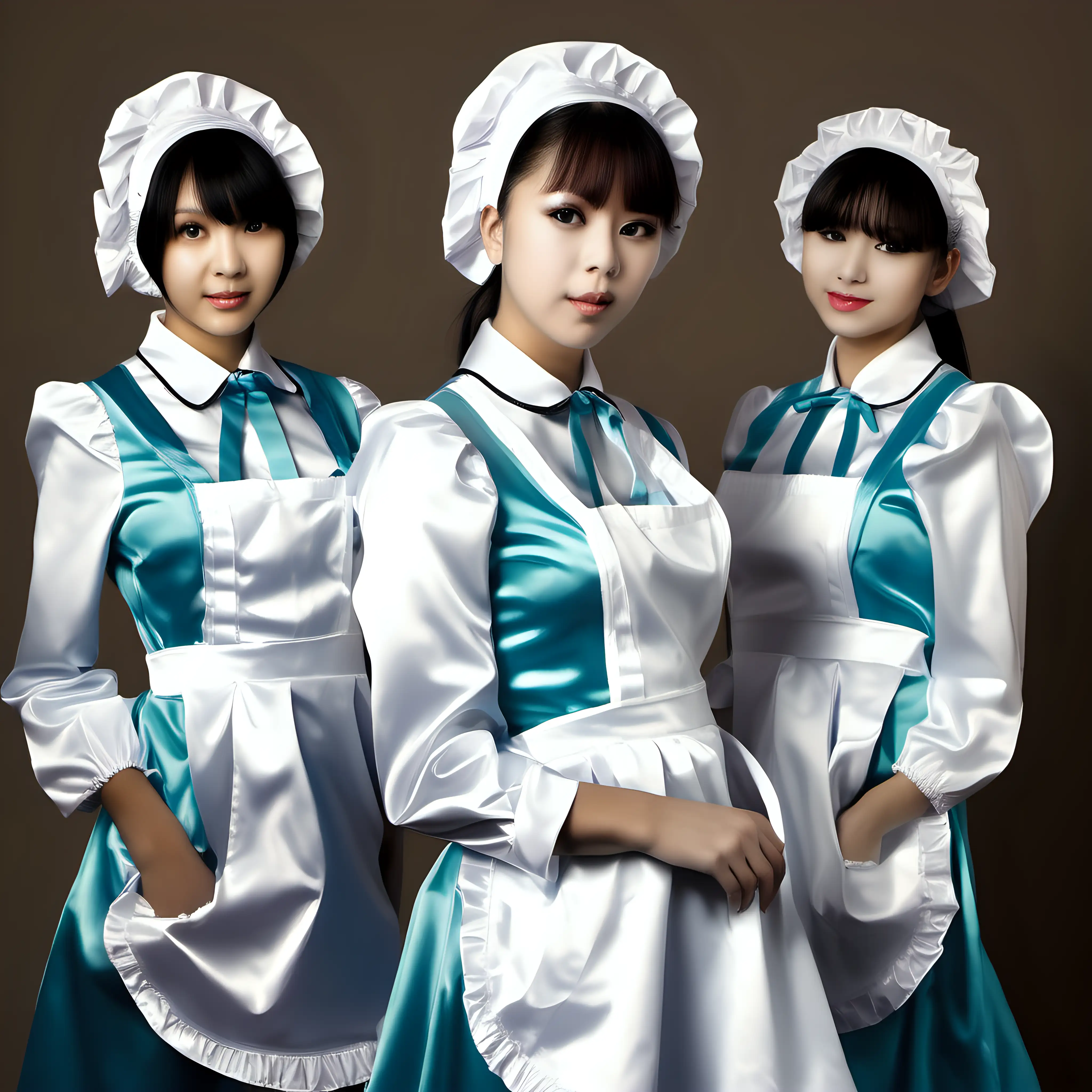 Elegant Girls in Satin Long Maid Uniforms Engage in Charming Activities