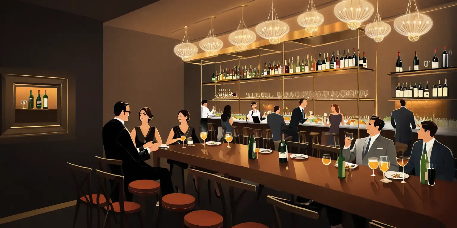 sophisticated illustration of small dinner and drinks event. people sitting and standing casually dressed 
