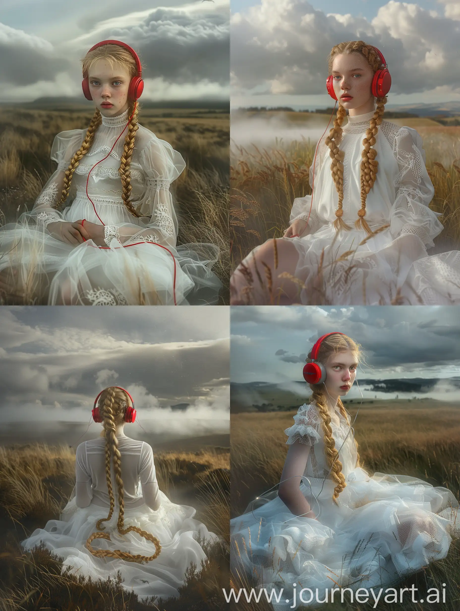 Girl-with-Golden-Braided-Hair-in-Scottish-Landscape-Wearing-Red-Headphones