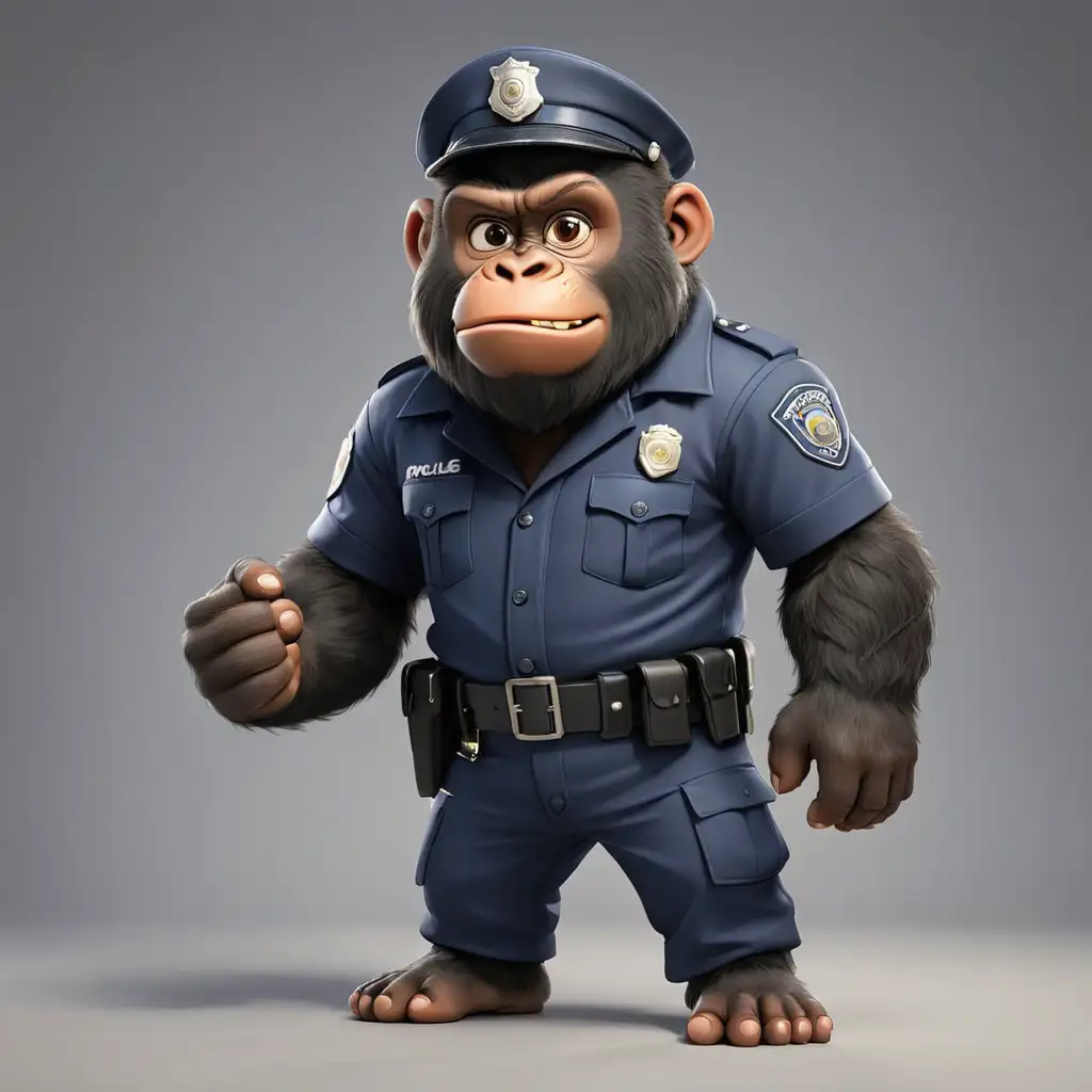 a funny cute Gorillacin cartoon style in full body in Police clothes with clear background