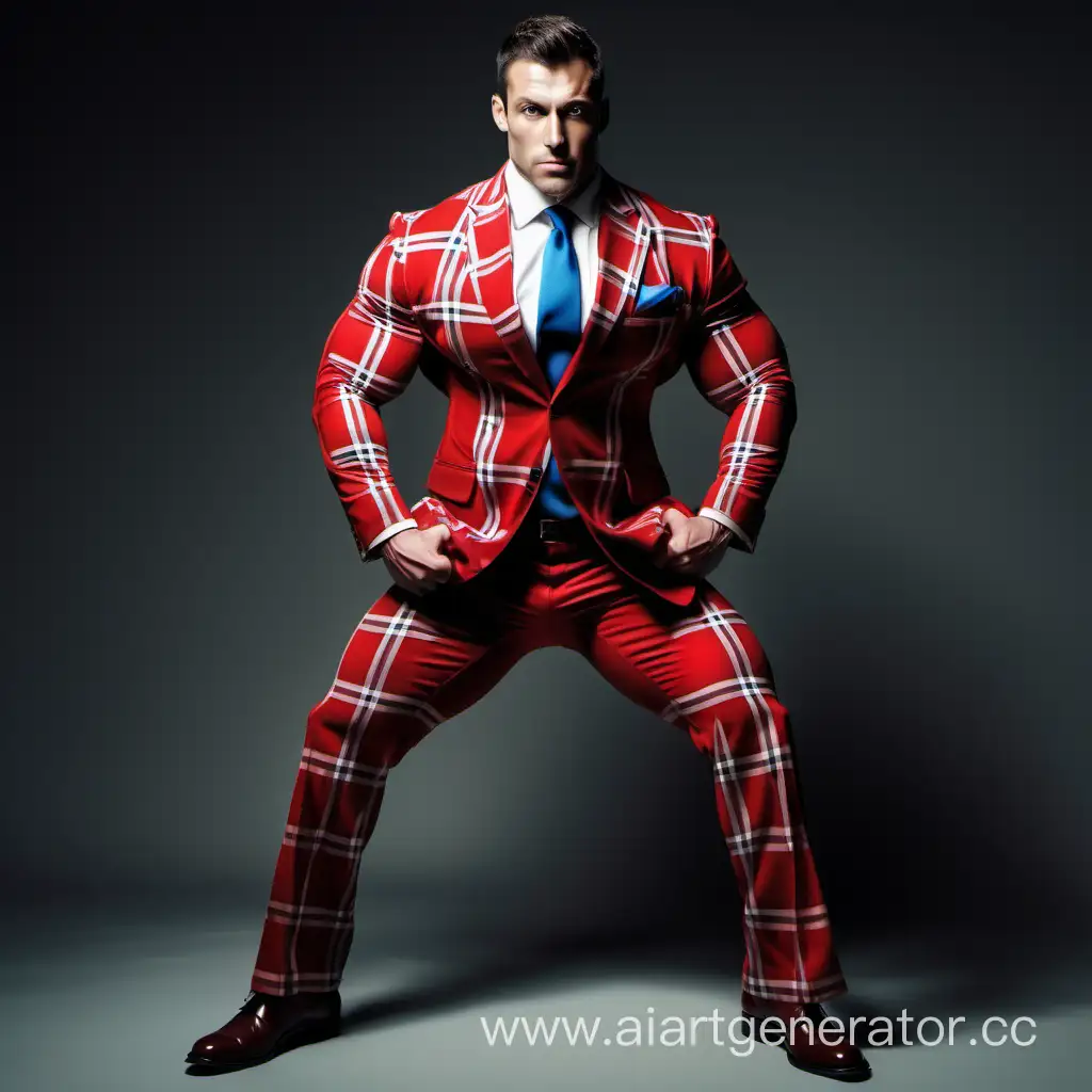 Powerful-Man-in-Red-Plaid-Suit-with-Massive-Calf-Muscles