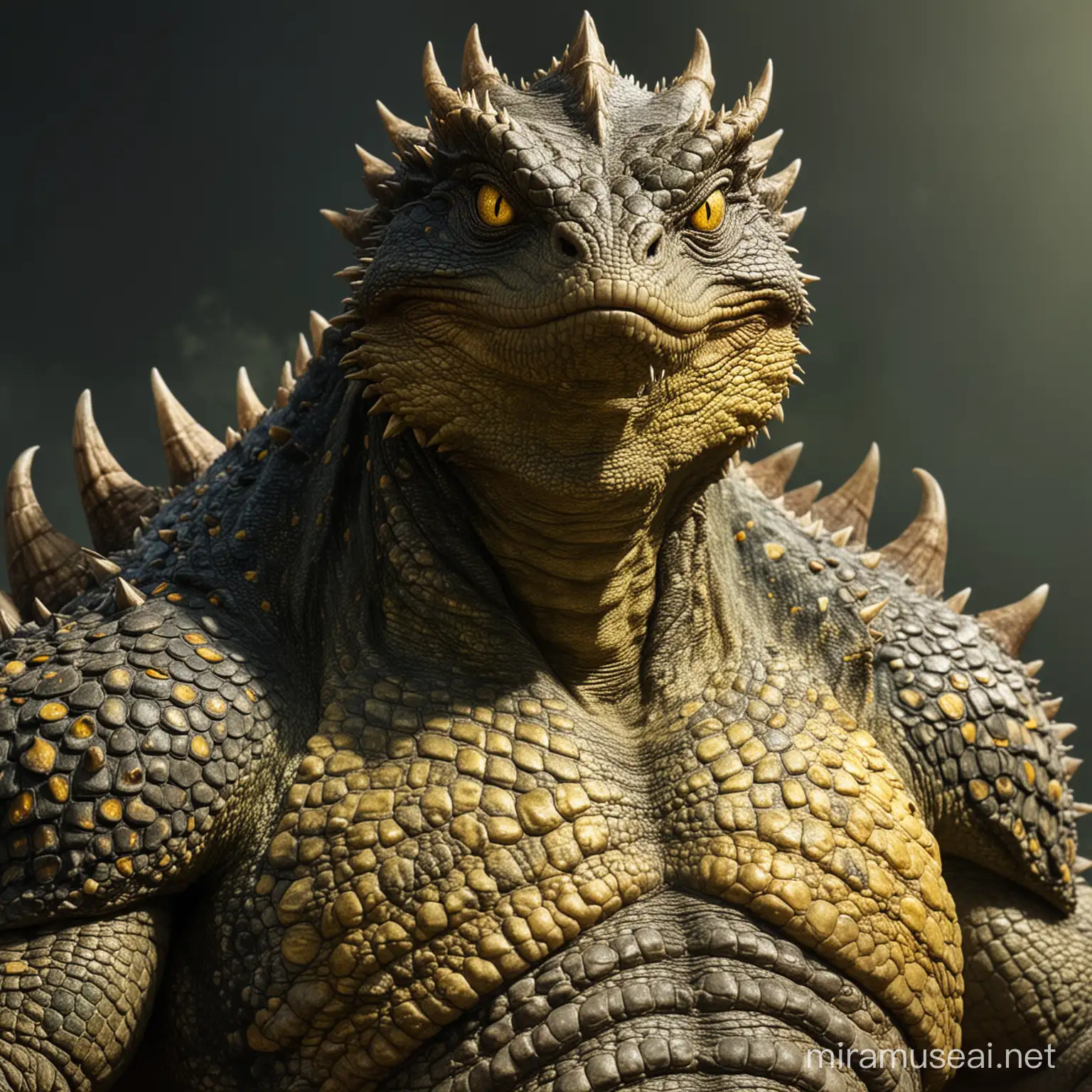 lizardman king, big belly, enormous, girgantuan, giant, yellow shinning eyes