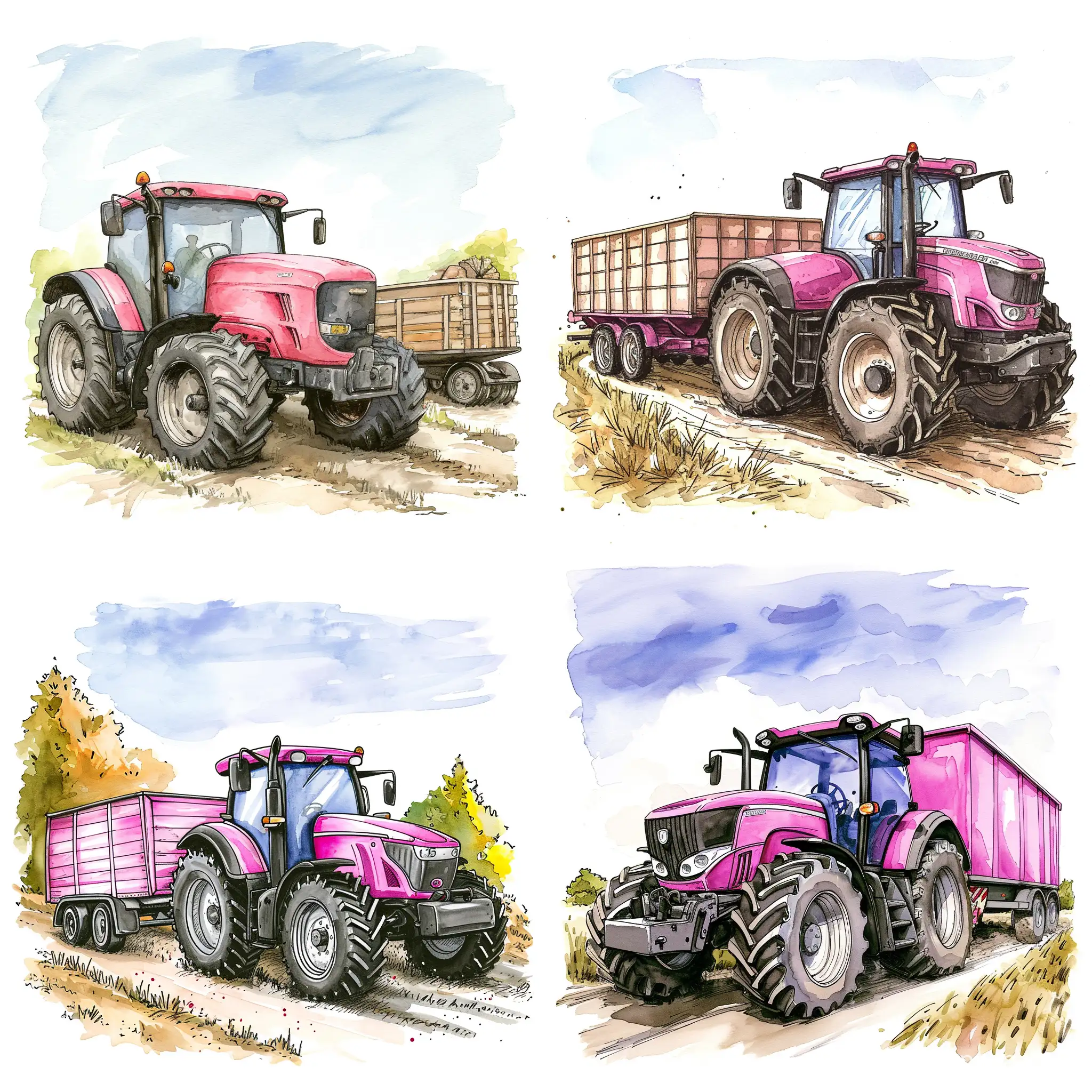 ChildDrawn-Watercolor-Illustration-Pink-Tractor-with-Farm-Theme