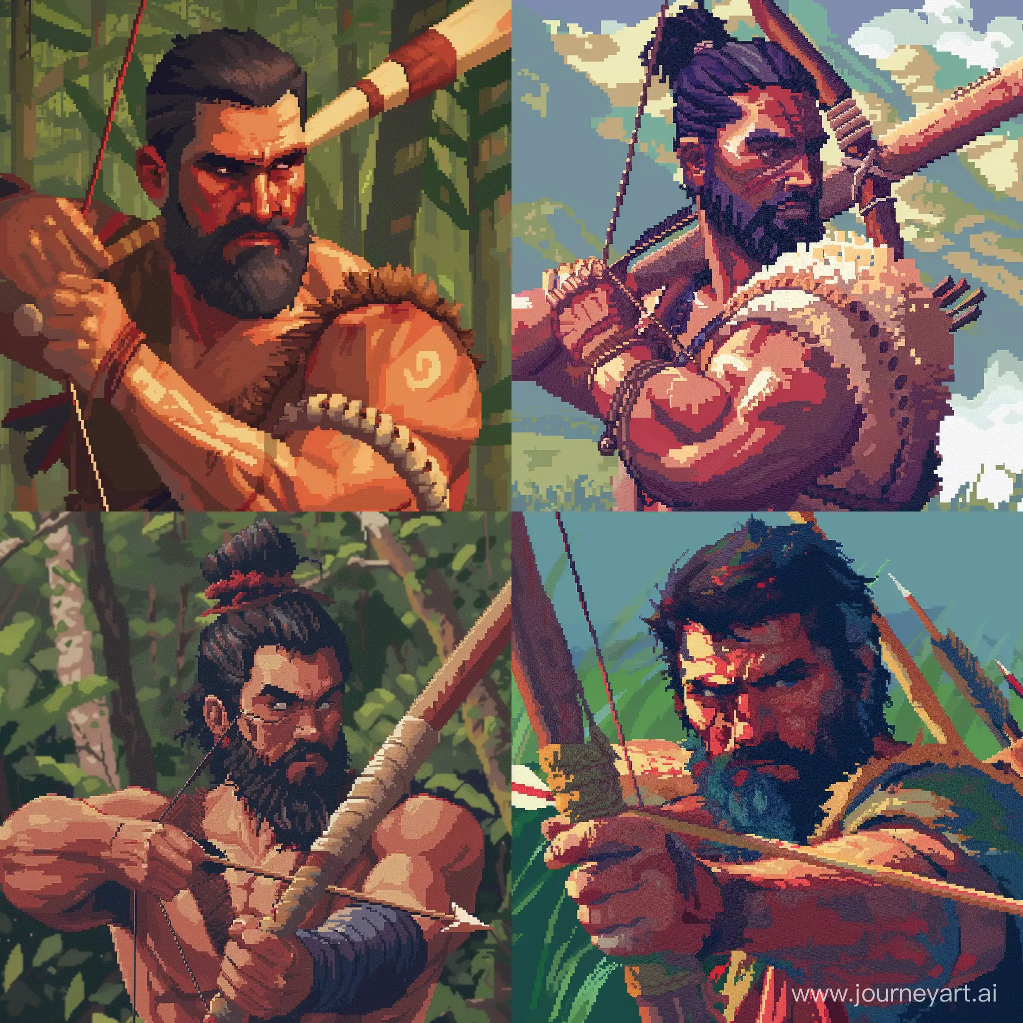 a man with a beard holding a baseball bat, pixel art, inspired by Shūbun Tenshō, reddit, close up bust shot, with bow and arrow, quechua!!, zoomed in