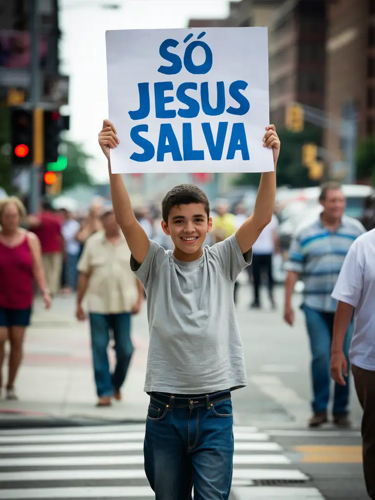 16-year-old teenager is in the foreground and holds in his hands a large sign that says "SÓ JESUS SALVA" in blue letters. 16 year old teenager smiles and looks directly into the camera. He is wearing casual clothes consisting of a gray t-shirt and blue jeans. The background shows a city street with many people walking along the sidewalk, several buildings and traffic lights. The focus is on the 16-year-old girl holding the sign, suggesting that he is trying to communicate with or greet SÓ JESUS SALVA, perhaps in connection with some personal event or celebration.
