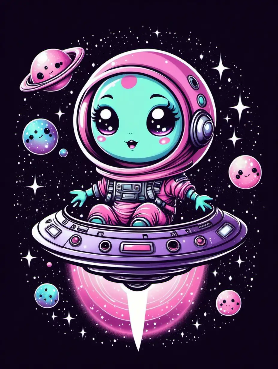 a cute adorable chibi kawaii pastel goth pink alien inside of a spaceship floating in a galaxy, tshirt design vector illustration