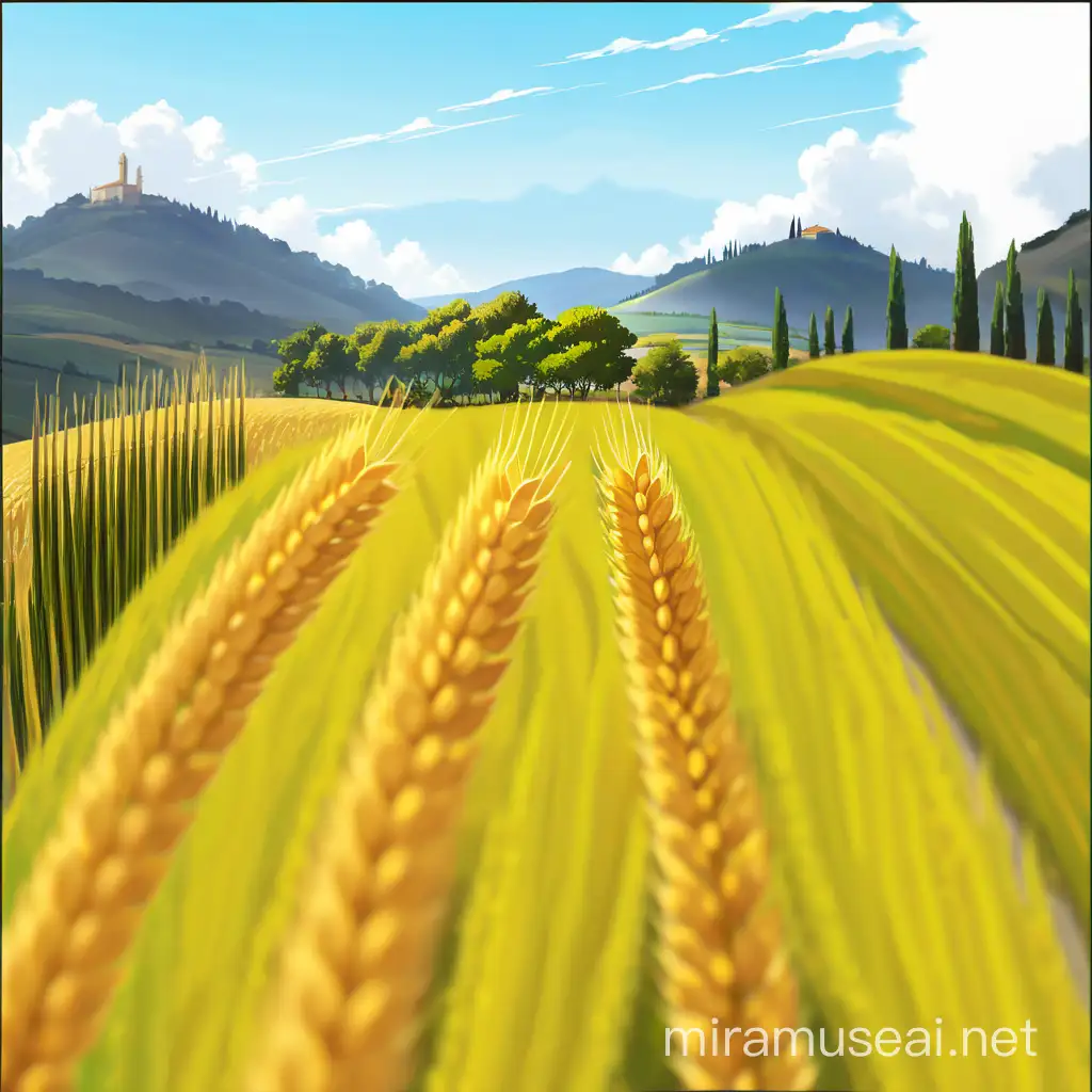 More realistic Anime, Dimensional Illustration, Tuscan countryside golden wheat field, some wheat and Spruce tree detail, no buildings, no corn fields, hazy sun on the top right with thick sun rays, more detail on the wheat
