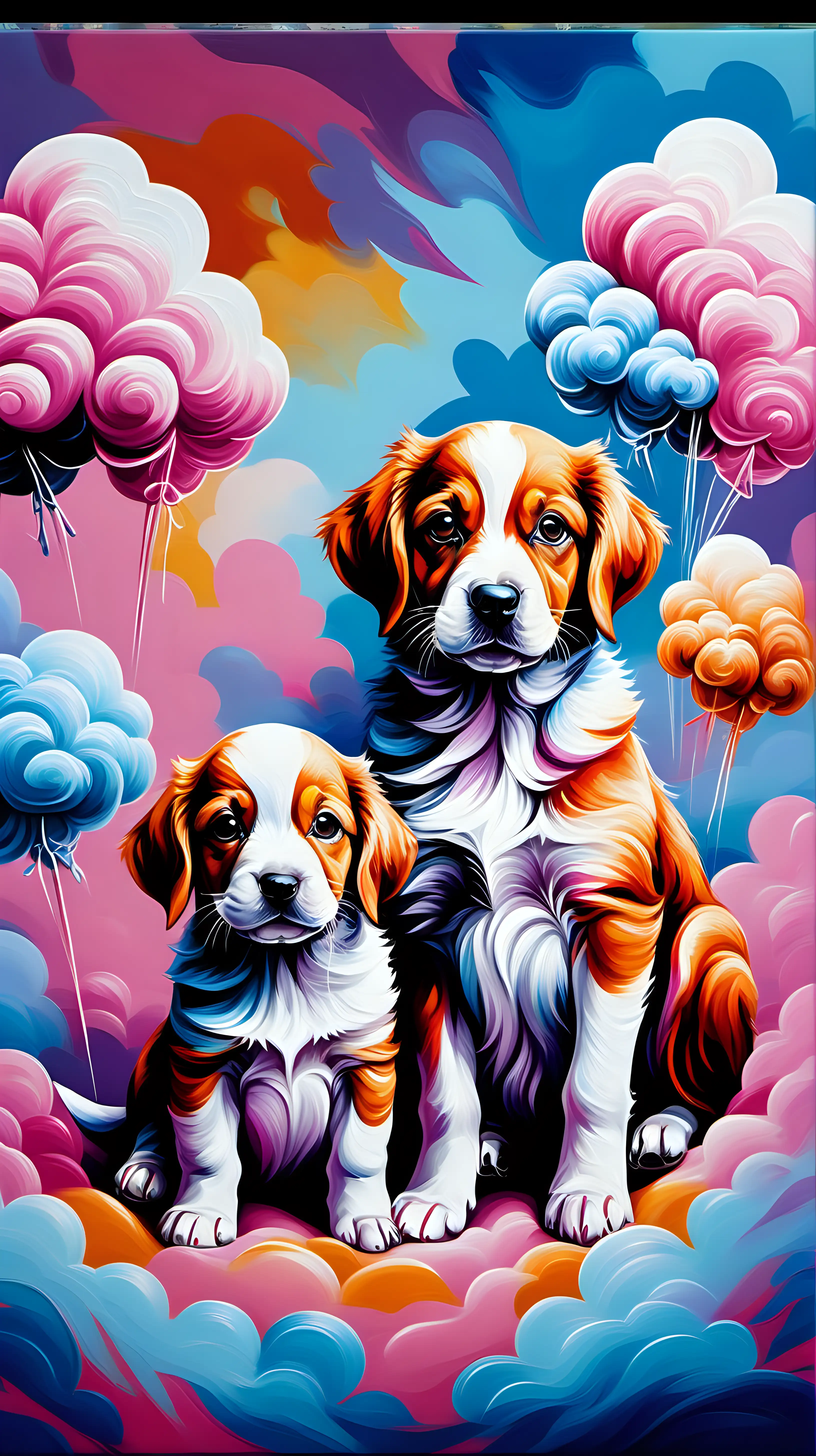 the painting of a colorful dogs and puppies, in the style of acrylic paint, richly colored skies, in cotton candy colors, add acrylic painting texture