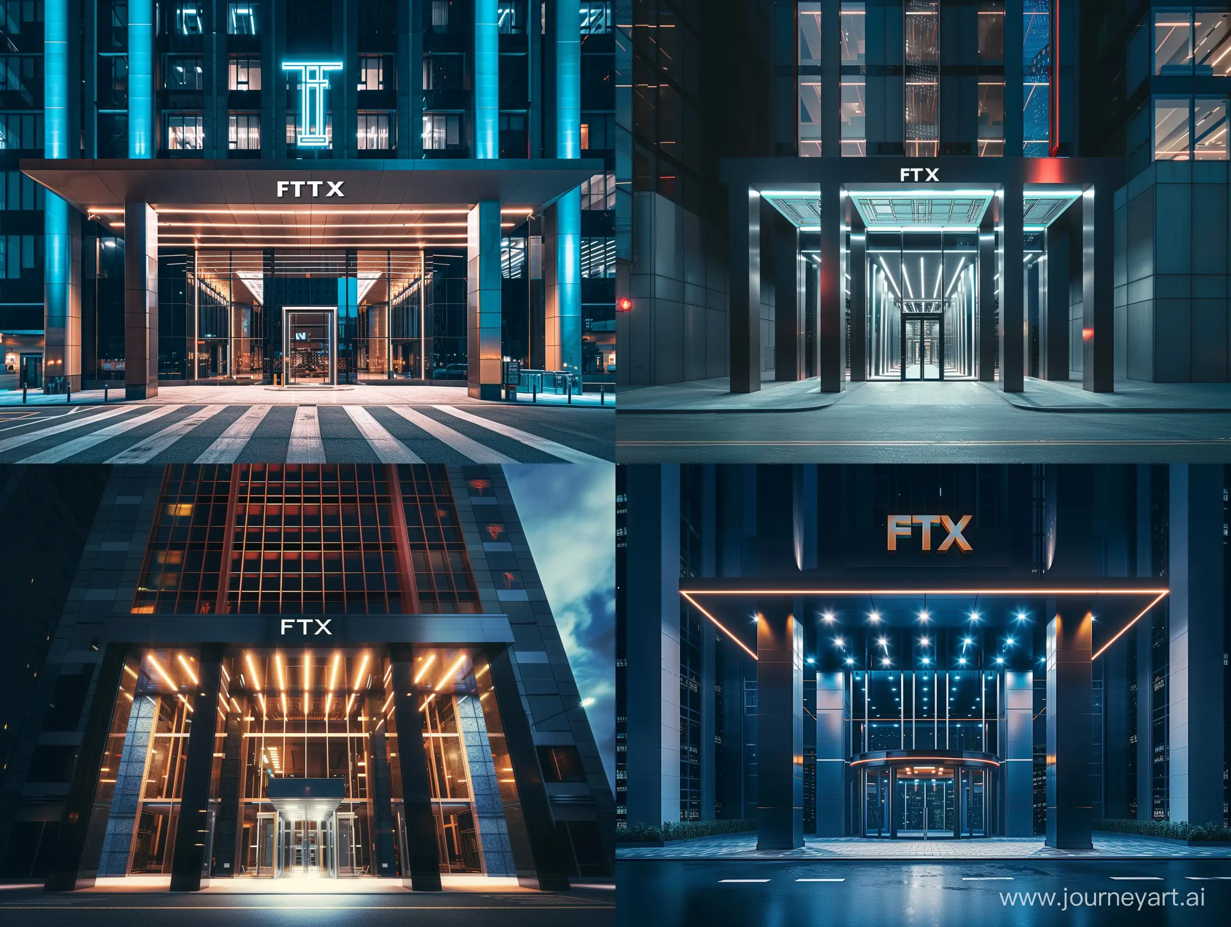 A cinematic photo of a modern skyscraper office building at night with the FTX logo above the entrance