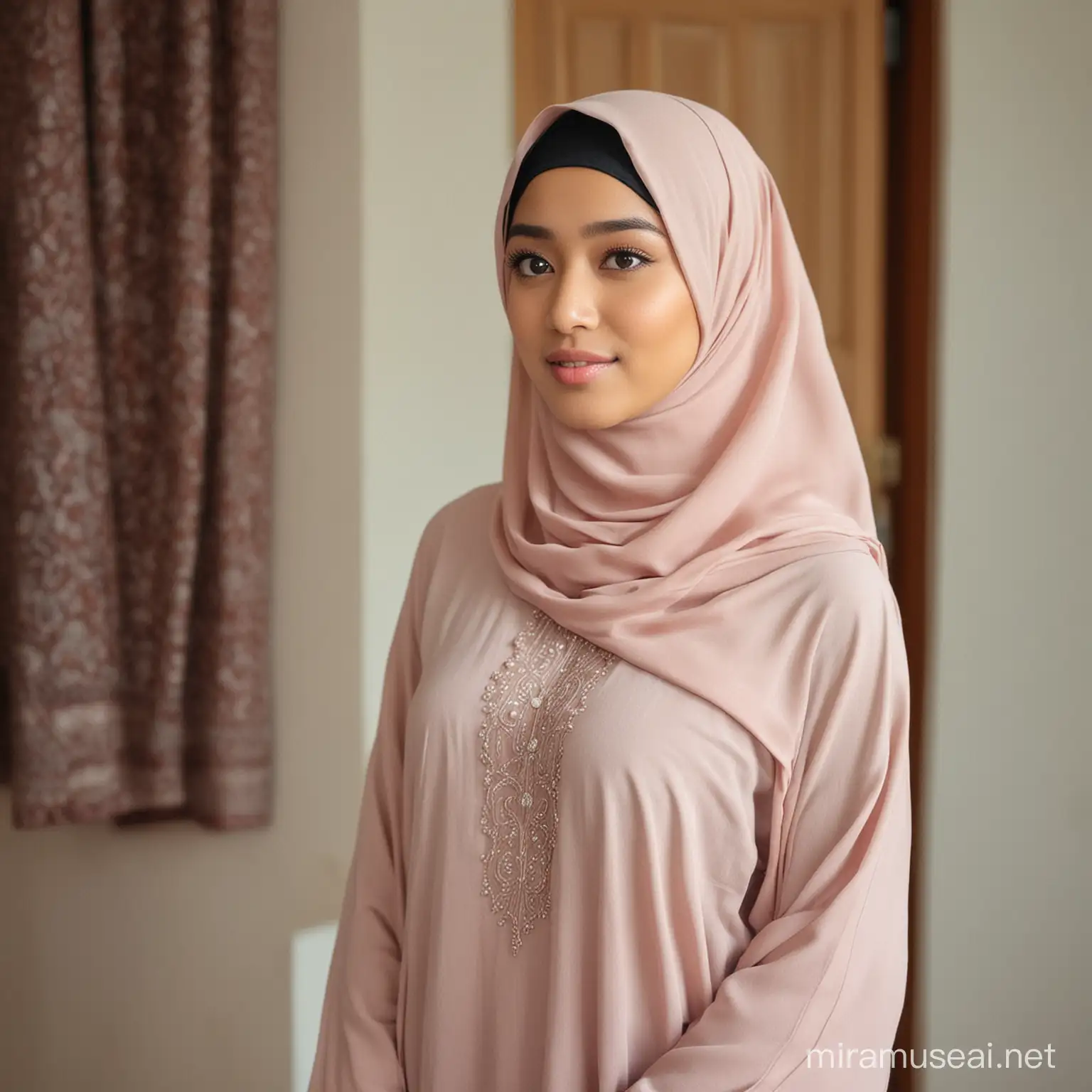 Indonesian Woman in Traditional Syari Hijab Walking Indoors
