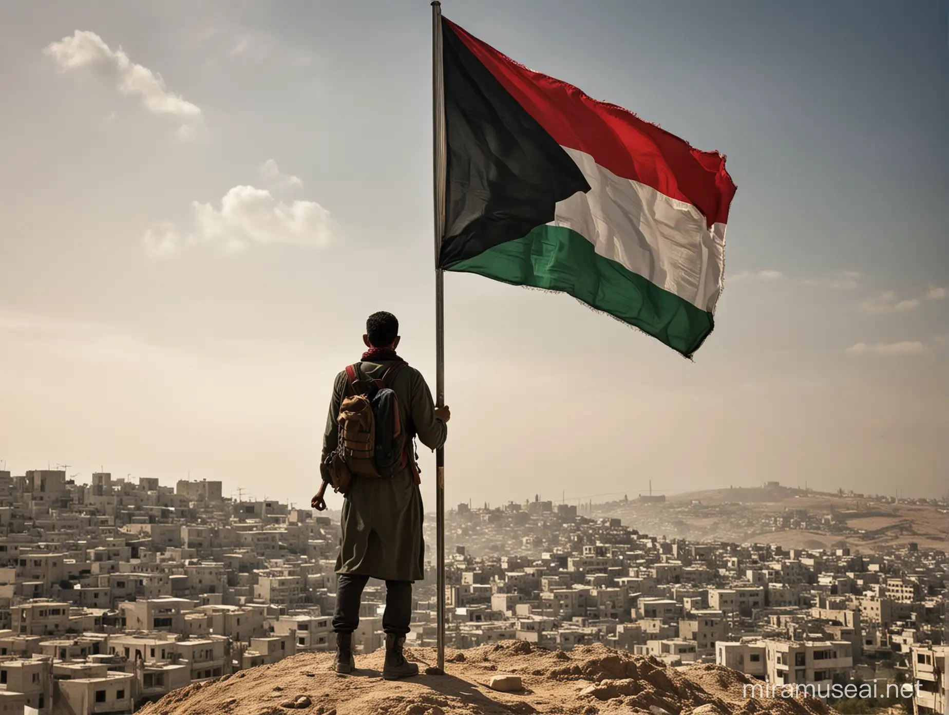Palestinian Solidarity Determined Figure and Flag Amidst Scenic Backdrop
