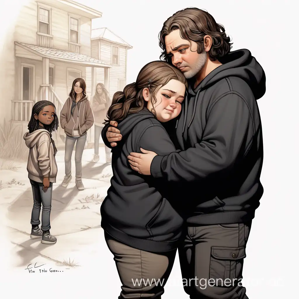 Drawing is like in telltale games "the walking dead the game final season". Chubby girl with shoulder-length wavy hair, brown eyes, black hoodie, black pants, black sneakers, hugs Marlon