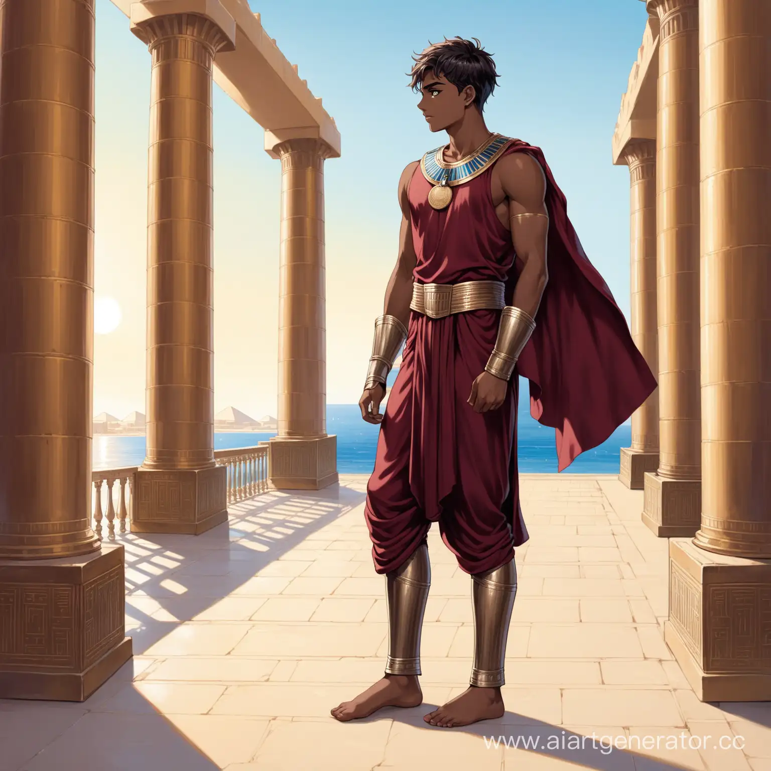 BronzeSkinned-Youth-in-Maroon-Tunic-Standing-on-Egyptian-Palace-Terrace-by-the-Sea