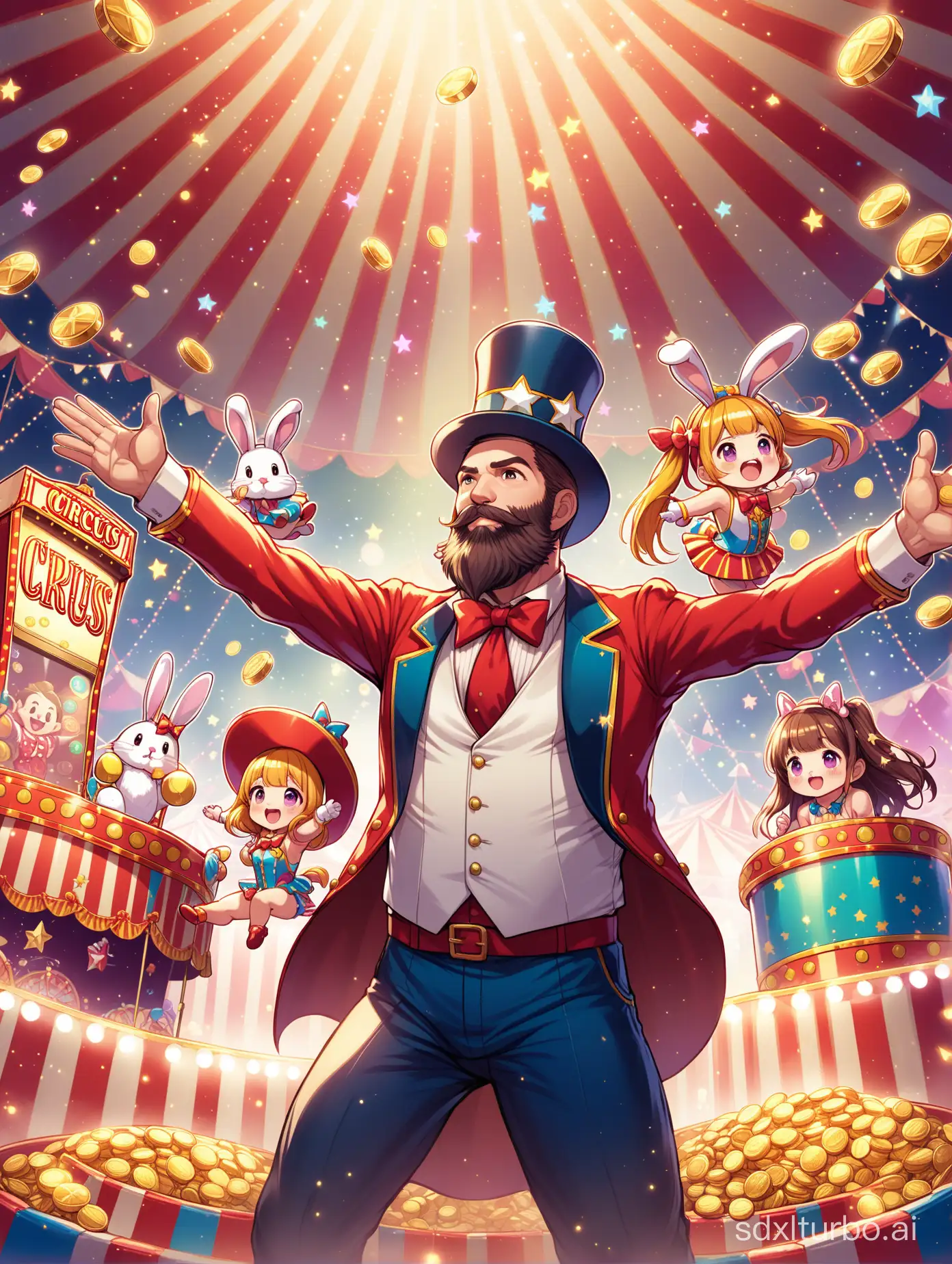 Circus, arcade, video games, bearded uncle with a star hat and a bunny girl, coins flying