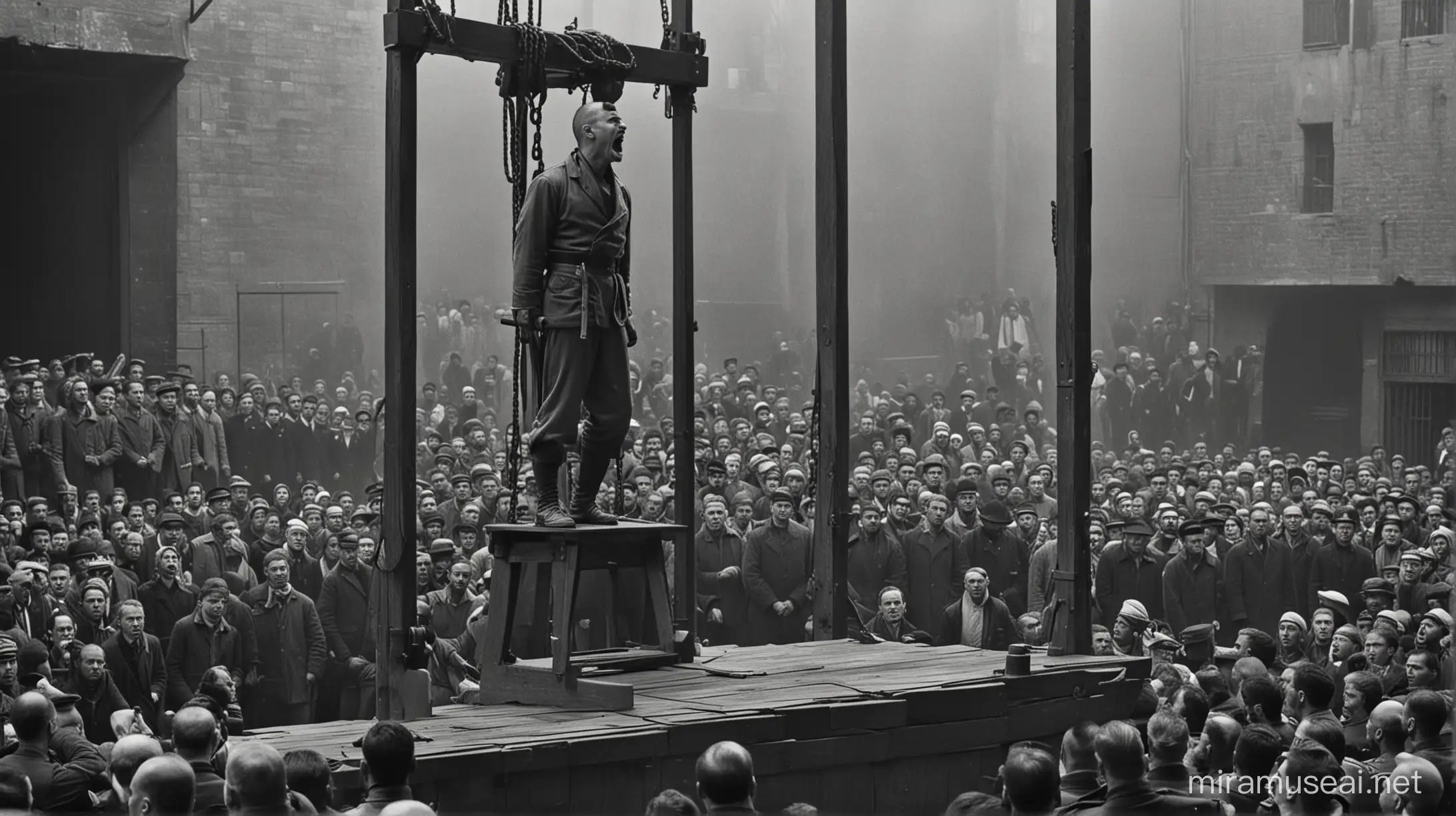 Homens em cima de um palco acorrentados com a cabeça na Guilhotina, militar discursando e pessoas bravas observando a execução 