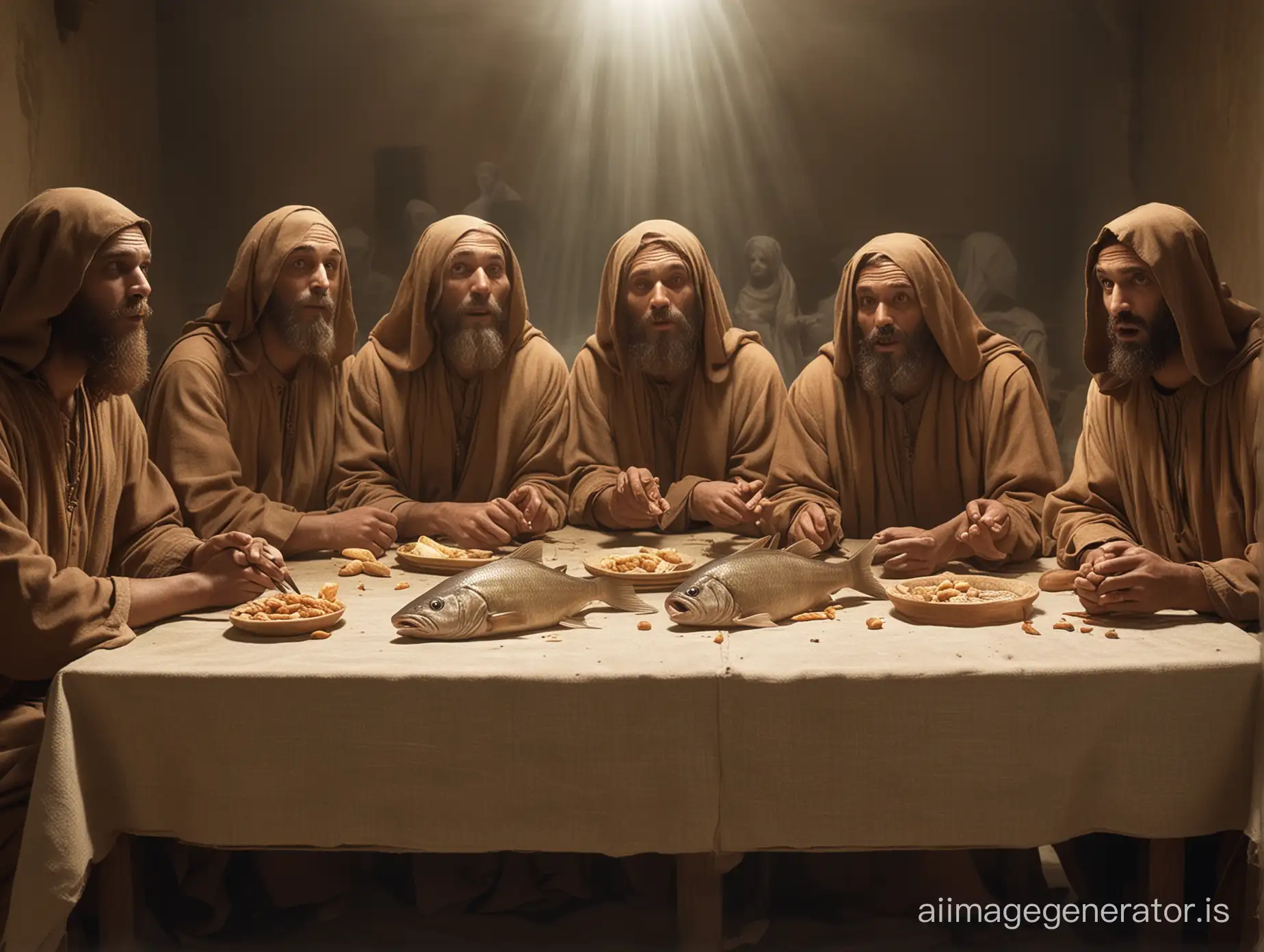 Five different normal human men dressed in brown with normal human  bare faces who are the disciples of Jesus are watching a ghost eat a fish.  The ghost is in the picture to the left of them and holds the fish in its right hand.  They are seated in a room at a table