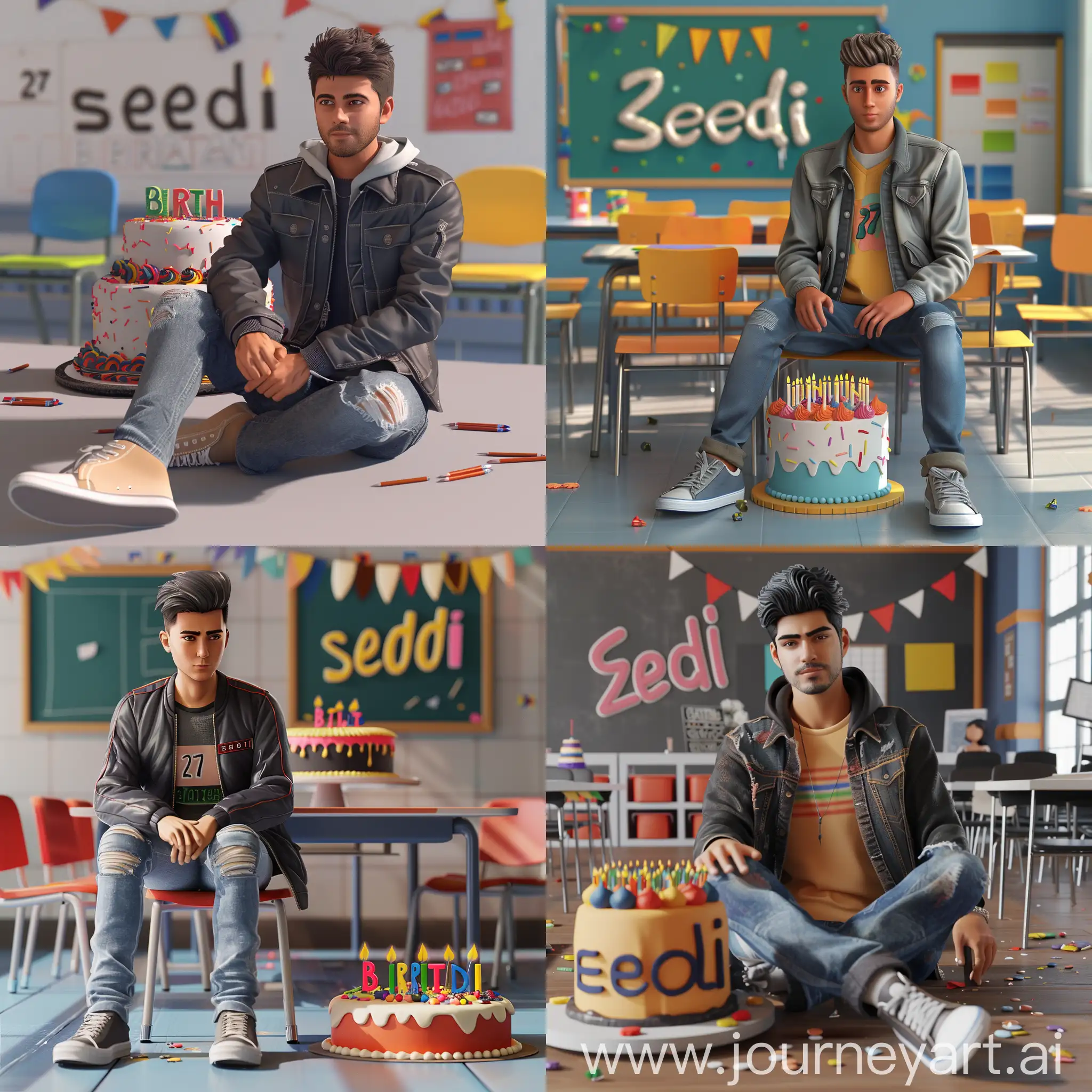 Create a 3D illustration of a man of age 27 years sitting casually in front of a birthday cake. The character must wear casual modern clothing such as jeans, jackets and sneakers shoes. The background of the image is a classroom theme on the occasion of a birthday. Write seedi on the birthday cake and make sure the text is not misspelt.