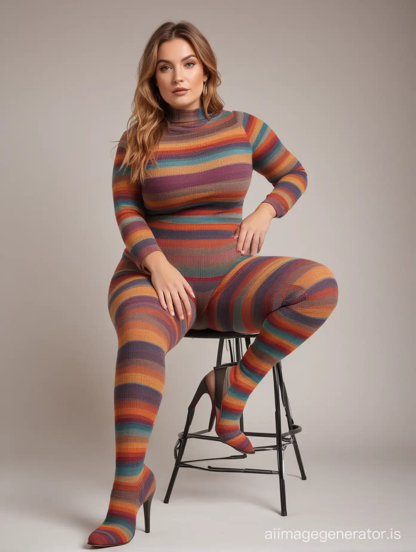 curvy woman full body shot sitting front view thick ribbed rainbow wool tights high heel