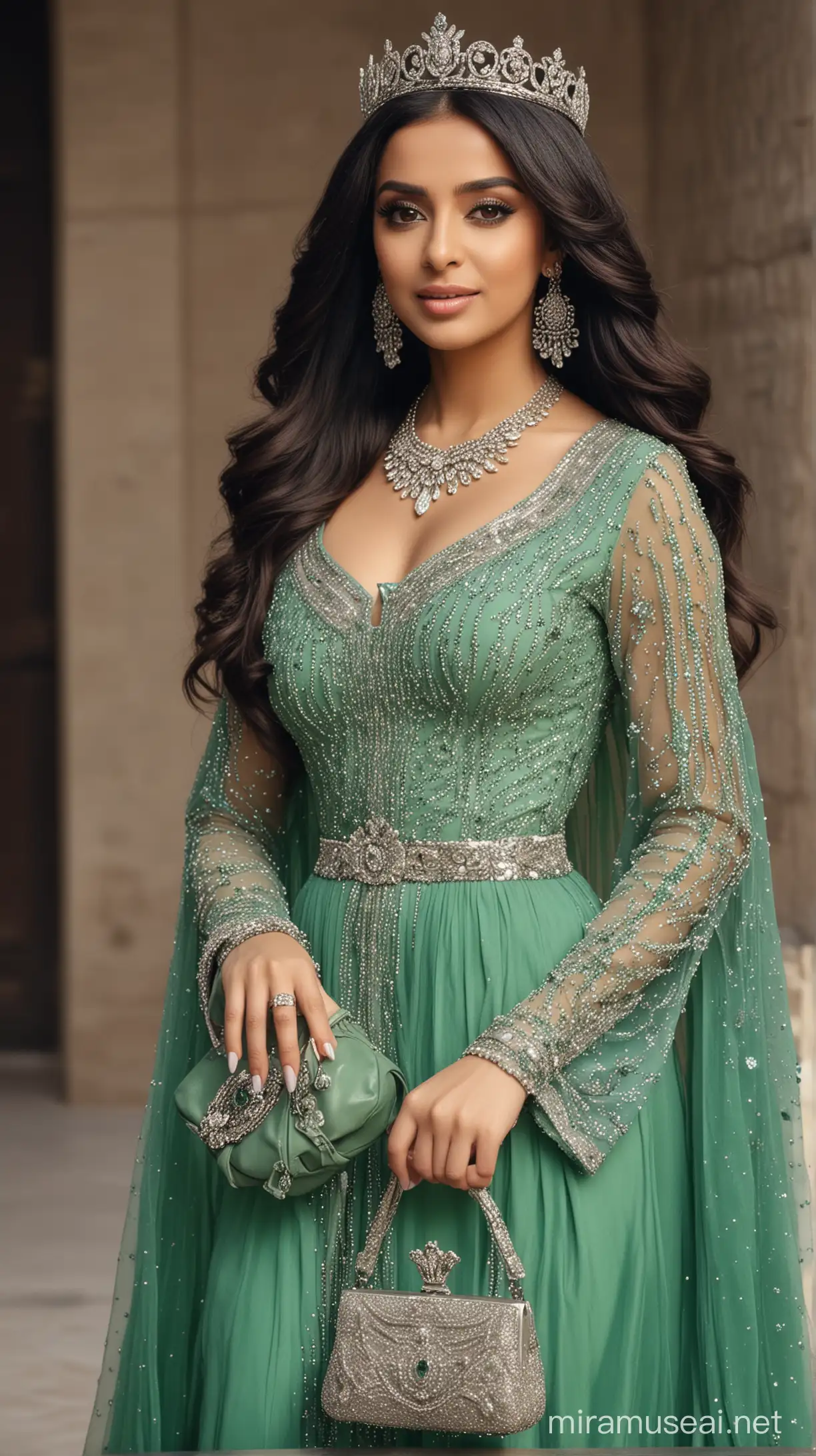 Balqees queen wearing green dress, and a silver hand bag, wearing silver crown, silver accessories.
the hair is black, very long, and straight.
