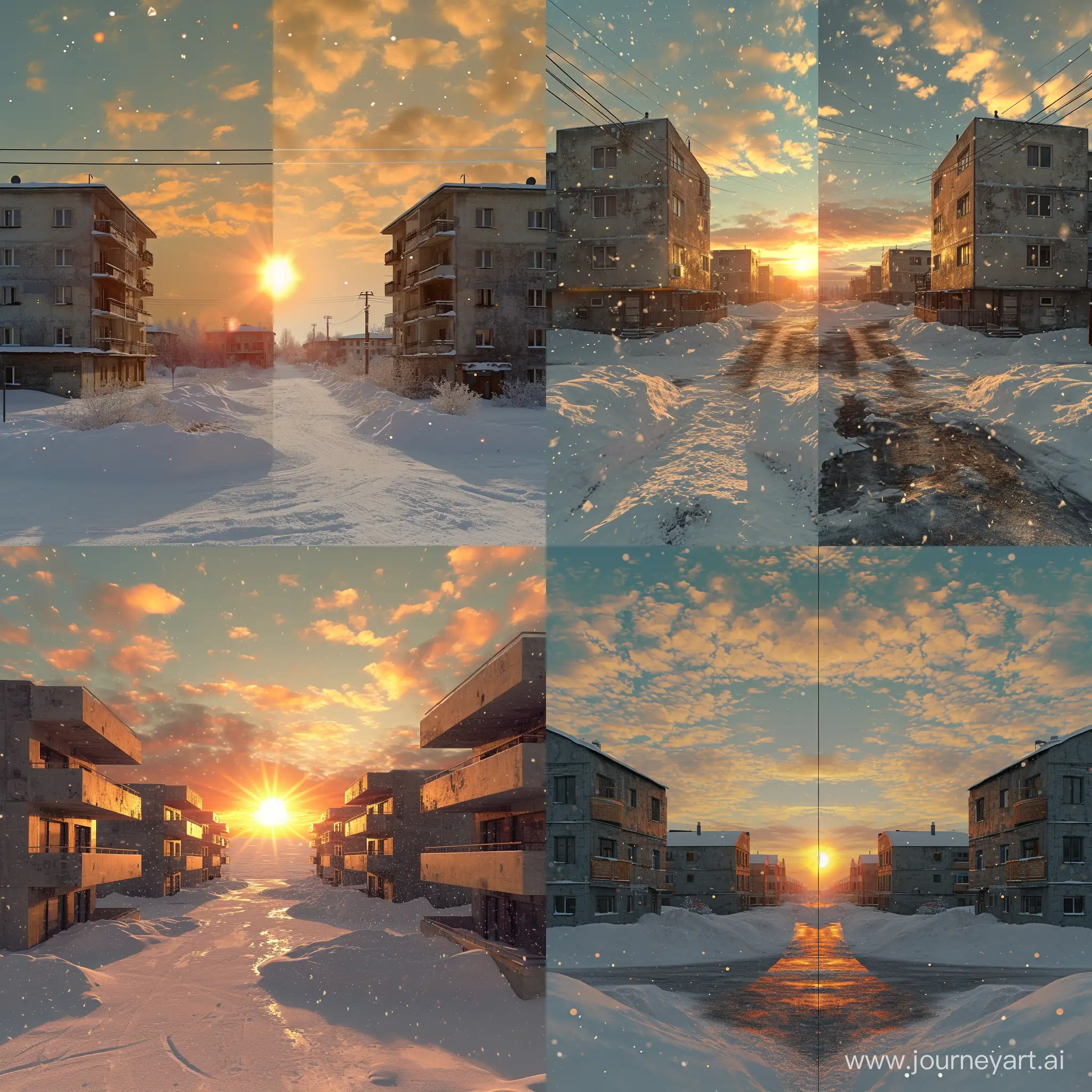 CINEMATIC (masterpiece, high resolution, photorealistic: 1.5) Urban winter landscape. View of the intersection of two streets with five-storey houses made of concrete slabs.
Snow sparkles in the sun, snowdrifts reach record heights, the temperature drops to twelve degrees below zero, the sky is decorated with thin clouds.
Three episodes: The morning begins with a golden dawn that turns the sky and clouds orange. The sun appears on the horizon, blinding with its radiant radiance. Noon brings a zenith glow that illuminates everything around. The sun reaches its highest point, creating hot lighting and peak solar activity. The evening ends with fiery colors that spread across the sky. The sun goes below the horizon, leaving behind a sparkling farewell and a magnificent end to the day.
