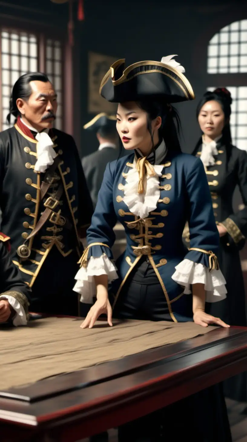 Create an image of pirate lady Ching Shih talking around a table to 4 chinese and british officials in 1880 suits. 4k ultra realistic. side view. 4k ultra realistic. large view