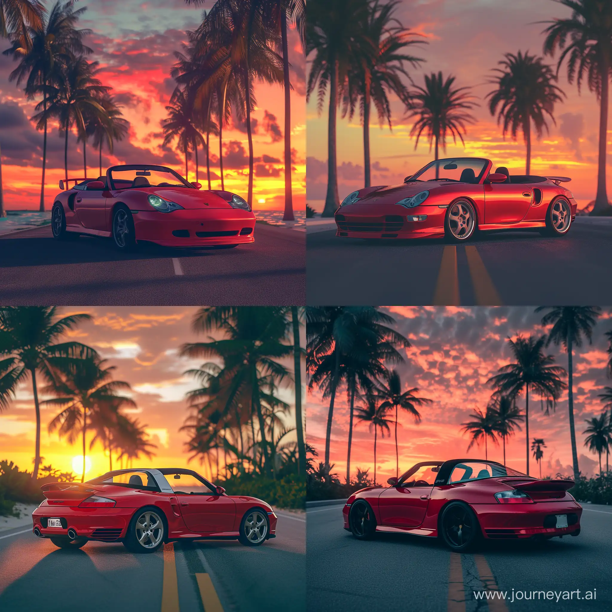 red  Porsche 996 targa at sunset, photography, real, realistic, 8k, tropical road, with palm trees, photo realistic, ultra detailed