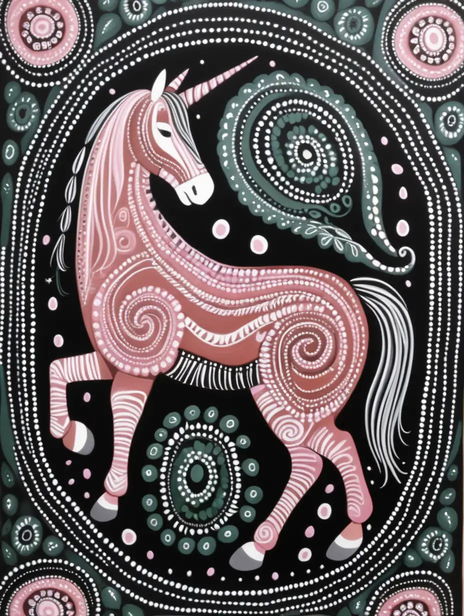 australian traditional aboriginal art with a unicorn in pink terracotta, dark green, black, white, light grey

