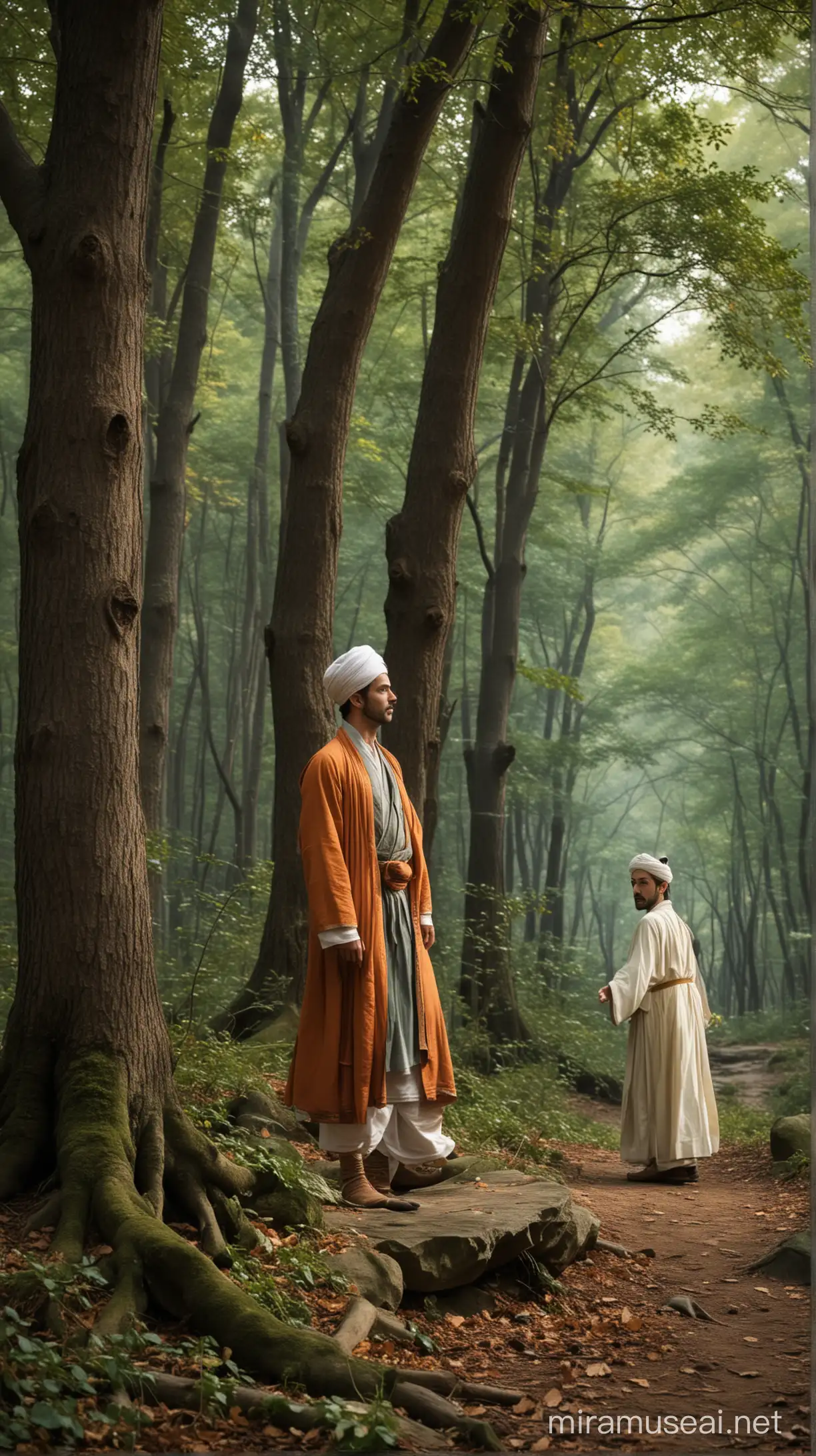 The Prince's Journey into the Woods: A forest scenery with a young prince in the foreground. He's shedding his royal garments and donning the attire of a dervish. Beside him, a dervish figure becomes apparent, symbolizing his departure from princely life into a spiritual journey.

