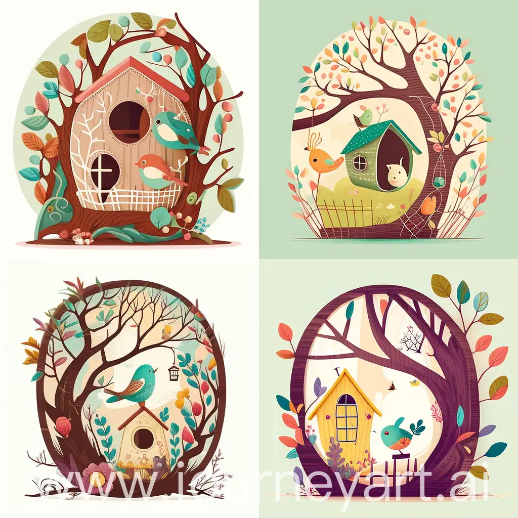 vintage twig hand, house-shaped birdcage with window and hole wooden, little mouse standing outside (focus), two birds in the hole of the birdcage, simple image pattern, hand drawn, Easter colors, abstract, bright and whimsical, funny, children's storybook style, webtoon style