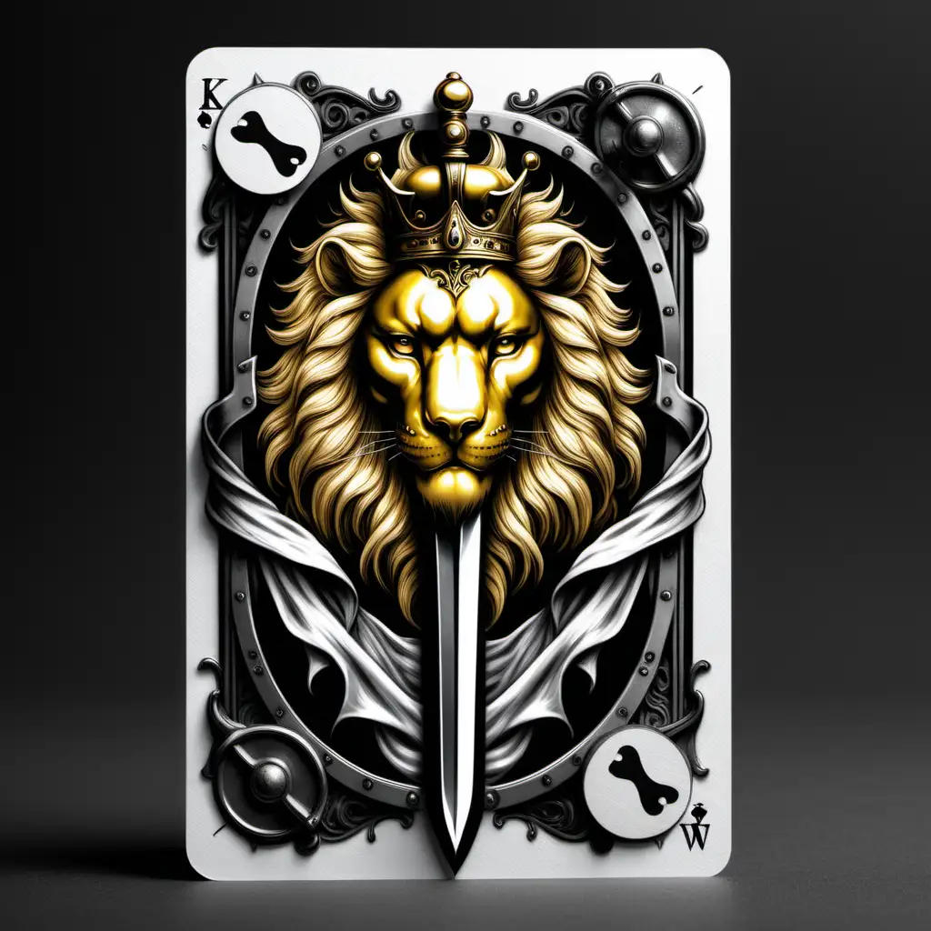 carta reis de espada dourada com detalhes pretos e brancos com a imagem do rosto de um leão no lugar do rei