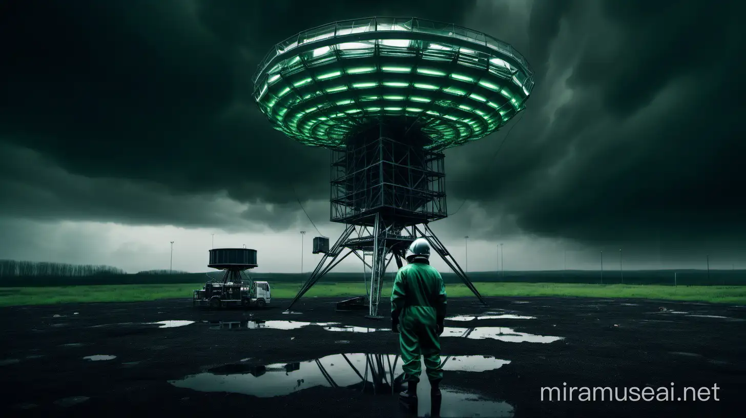 Outside is a realistic industrial research center with one worker around it, dark green neon and neon lights inside the part, its color shadow on the floor. Rainy weather, staff in dark dark green uniforms and helmets. Atmospheric and cinematic. The structure is very big and elongated in the shape of a match and wide. A dark green smoke rose from the research center environment and spread in the air. The image space is outside the factory. On a big rocky ground outdoors on a cloudy day.
with very large cubic satellite antennas.
The floor is black and white.
dark atmospheric and cinematic.
