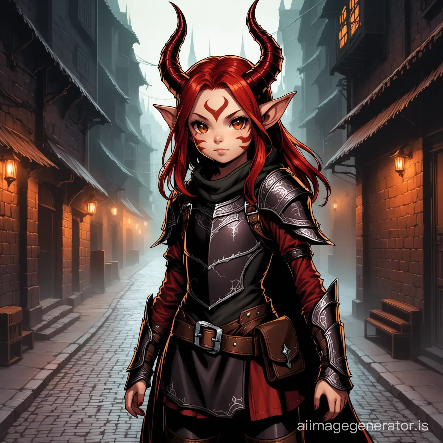 9-year-old tiefling rogue girl with red horns and red hair in a dark city, with markings on her face, wearing dark leather armor.