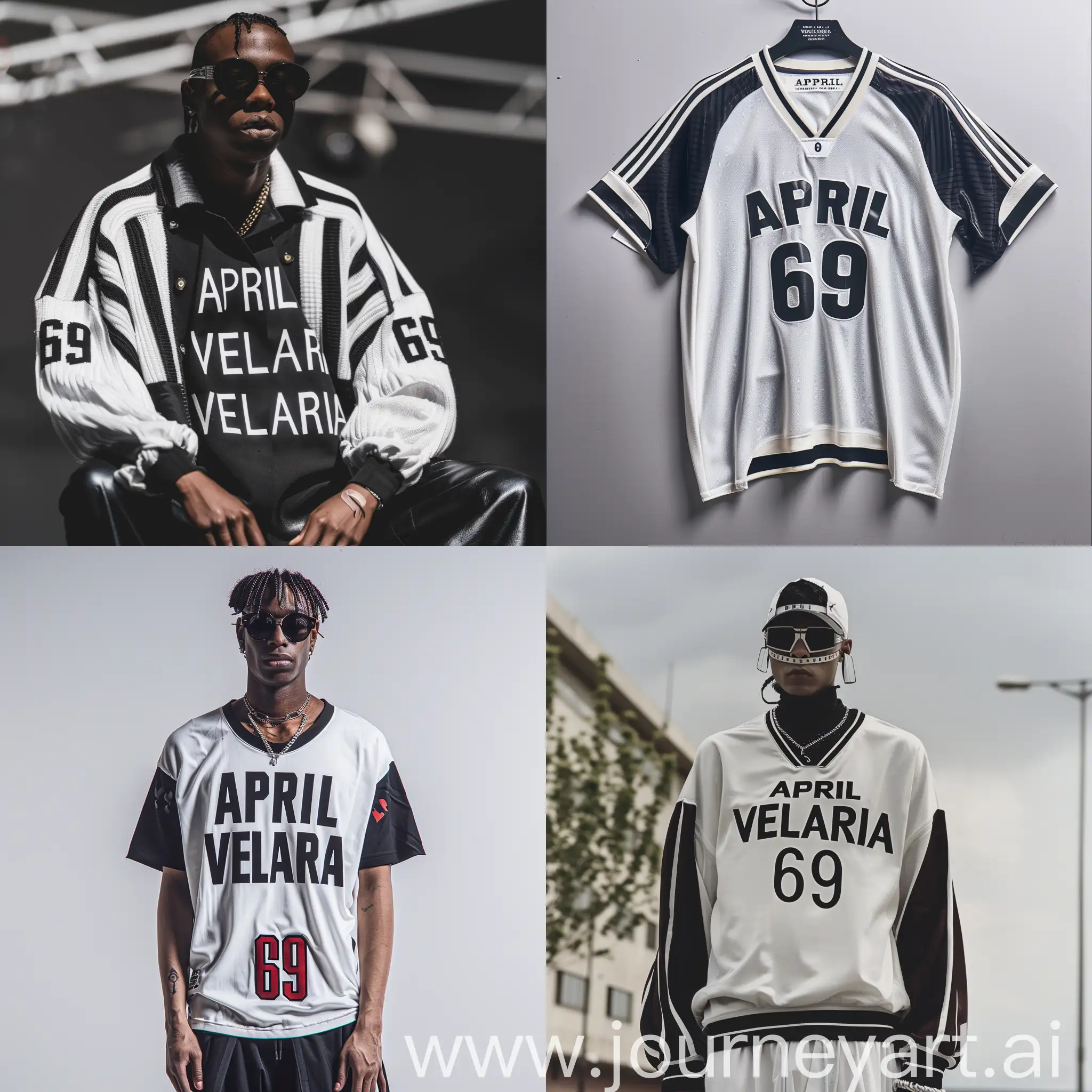 high fashion unique white-black jersey of a team with unusual pieces inspired by Maison Margiela with an “APRIL VELARIA” words in it and number 69 as a player team number 