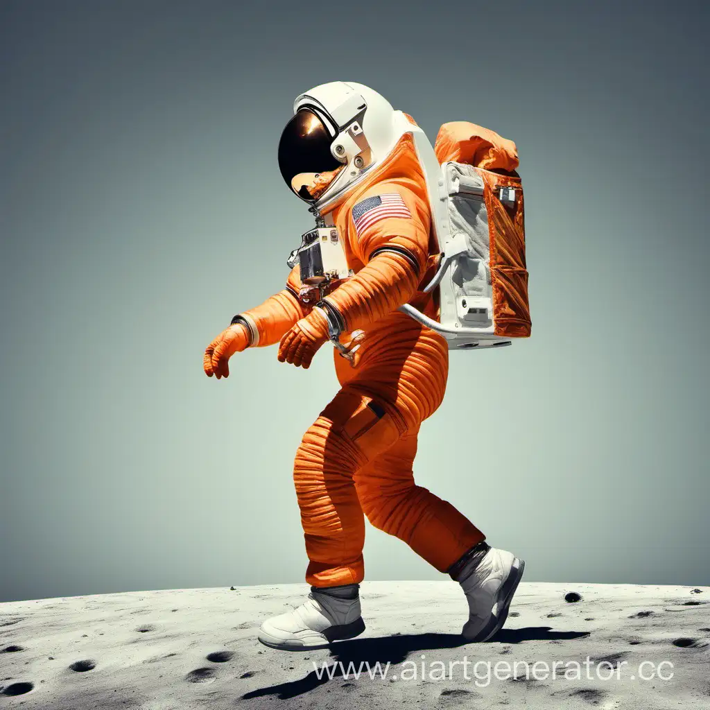 An astronaut in orange runs in profile