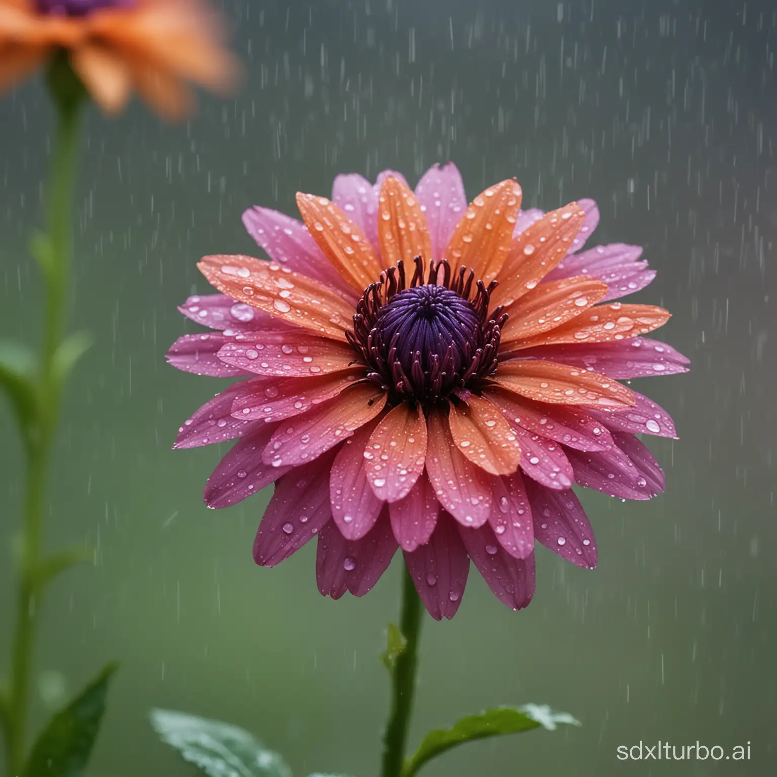 A seven-color flower, rain, blurred background, and a little dark depth of field., --ar 16:9 --quality 3