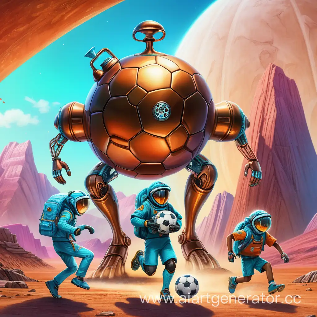 an iron teapot holds a soccer ball in iron handles and runs on legs next to a teenager, a boy and a man in cyber suits on another planet against the background of high multicolored mountains