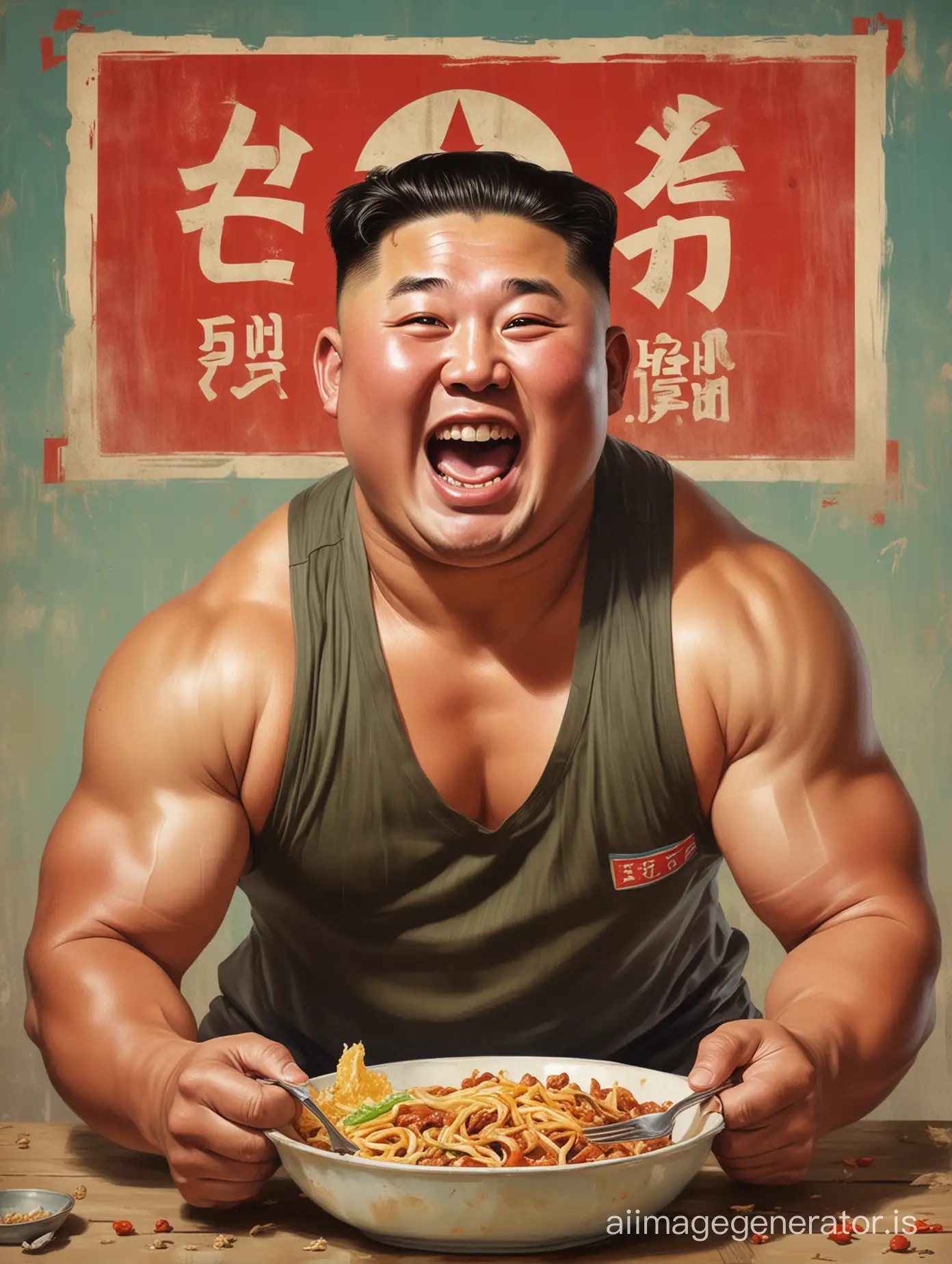 portrait of kim jong un as a powerlifting bodybuilder, eating food and laughing at starving people, in the style of a vintage propaganda poster