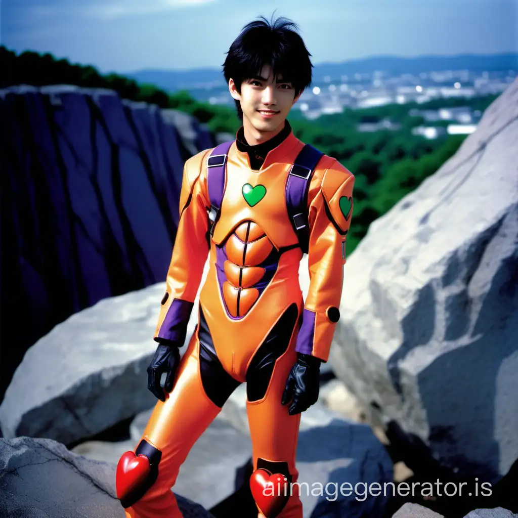 Photo of a Japanese male high school student is wearing a Neon Genesis Evangelion pilot suit. on the rock hill. black hair. heart-shaped face. almond eyes. smile.